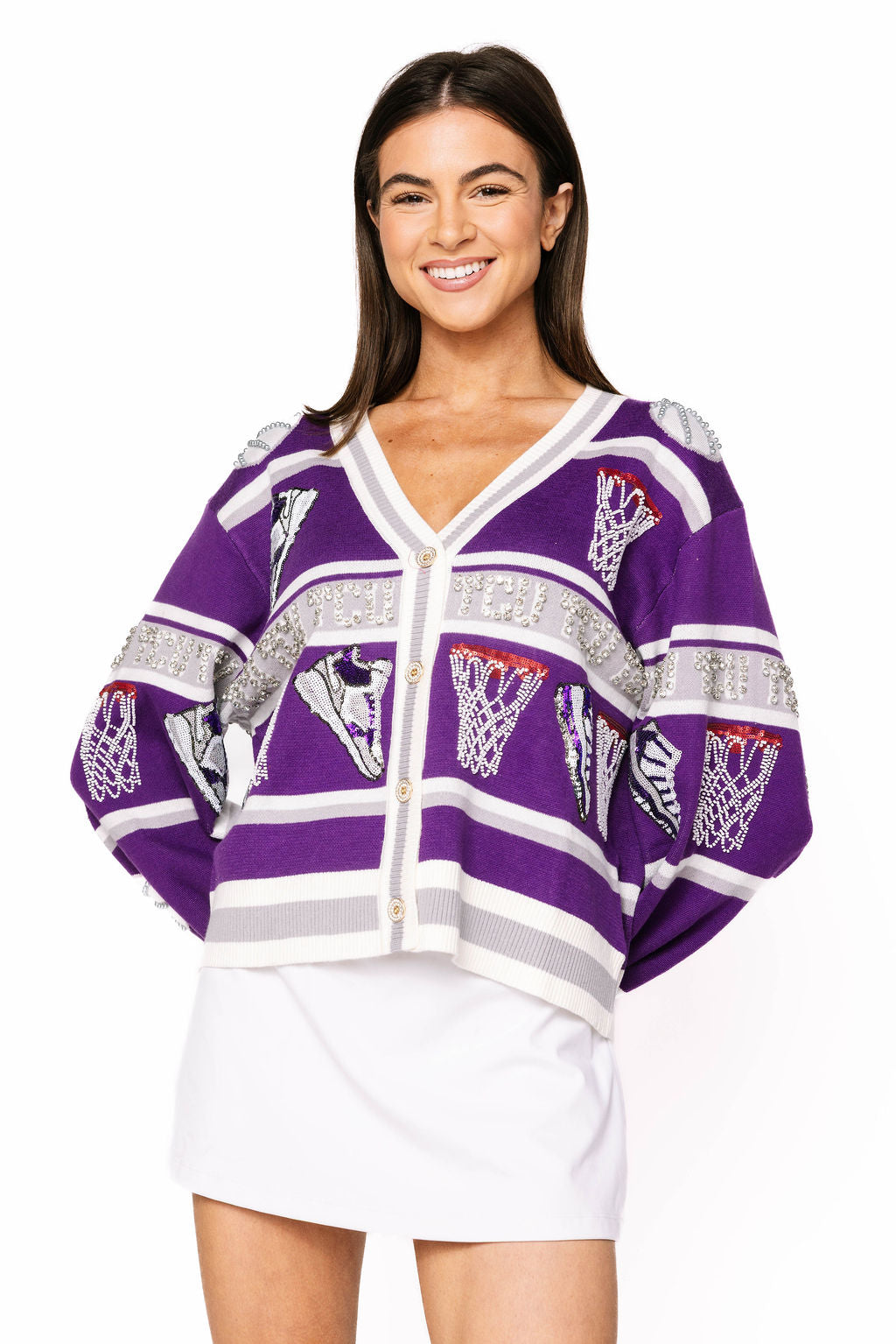 Licensed TCU Striped Basketball Rhinestone Icon Cardigan