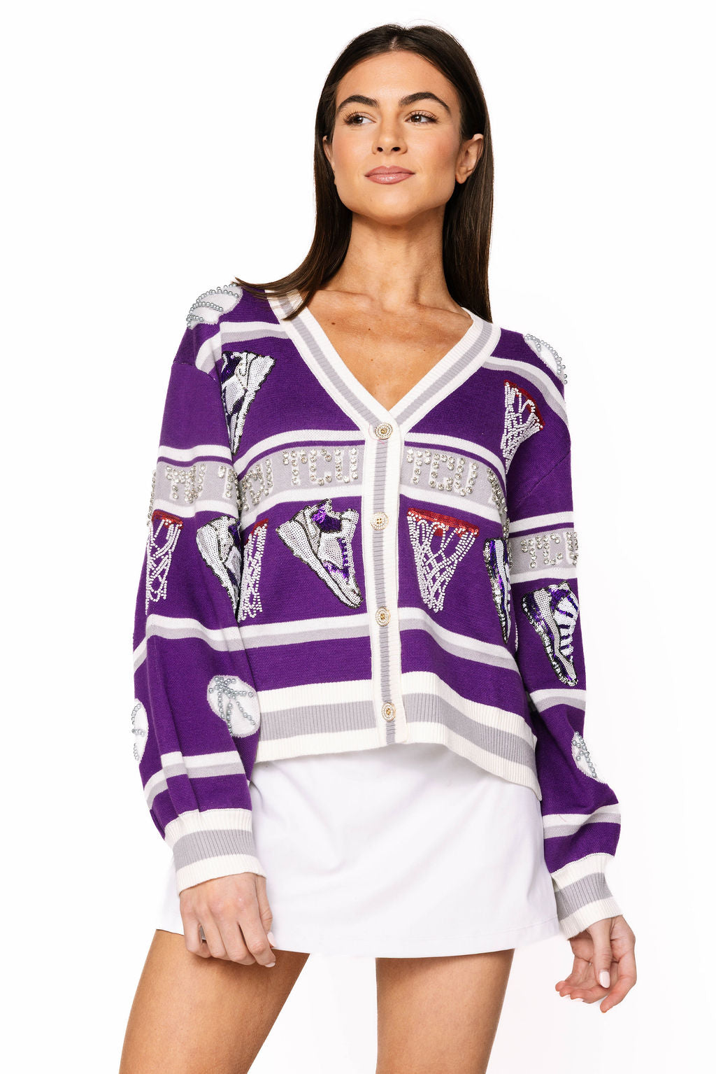 Licensed TCU Striped Basketball Rhinestone Icon Cardigan