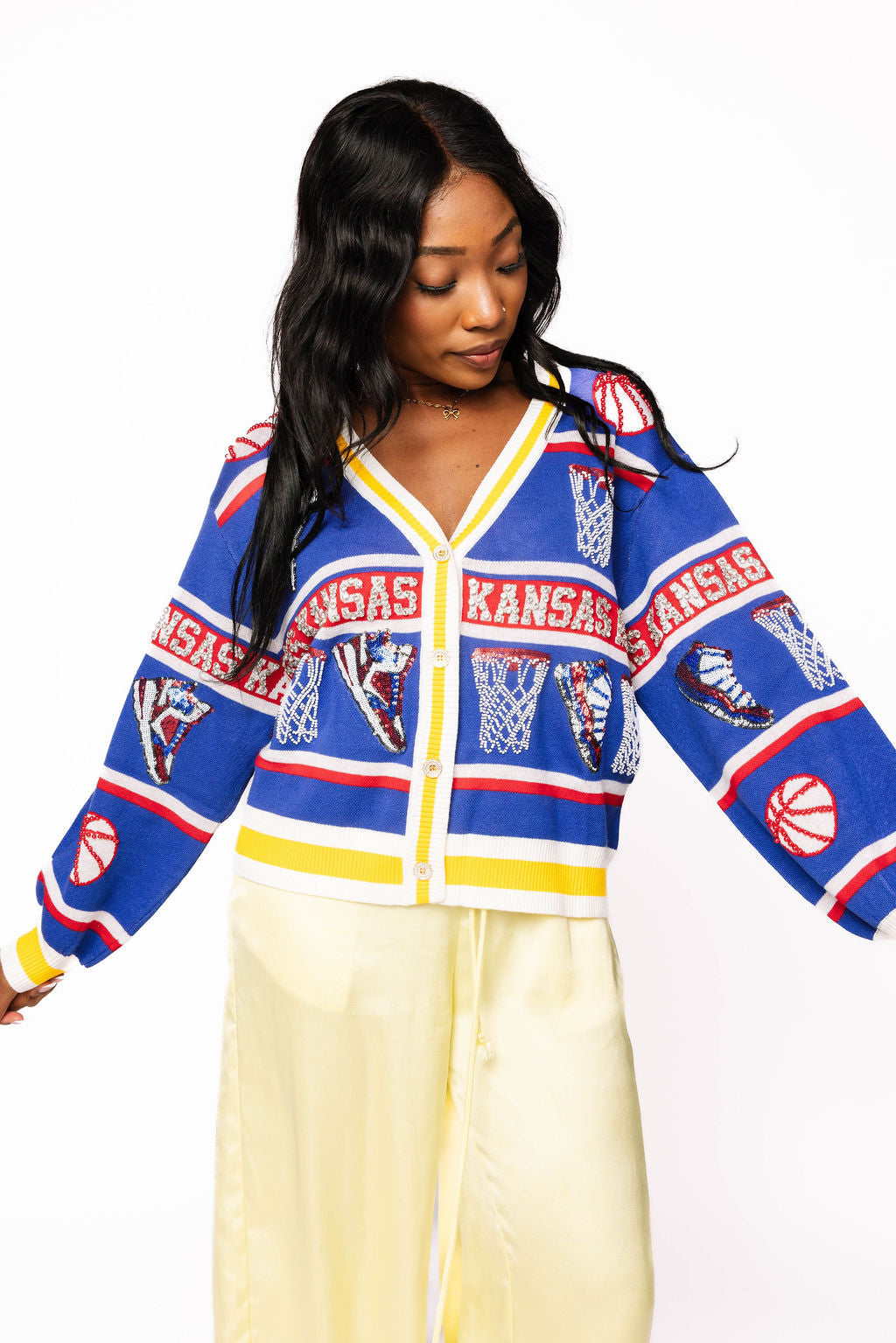 Licensed KU Striped Basketball Rhinestone Icon Cardigan