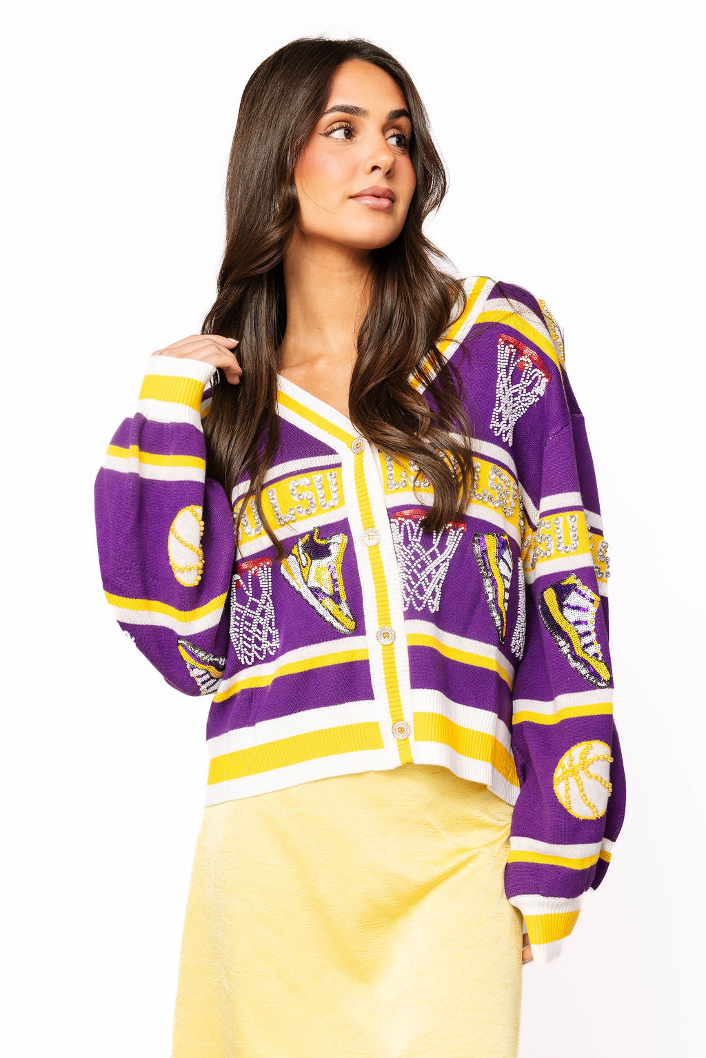Licensed LSU Striped Basketball Rhinestone Icon Cardigan