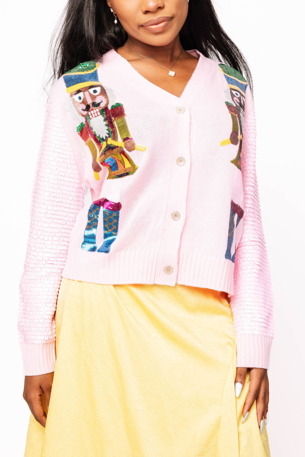 Pink Shard Sequin Sleeve Medium Skin Nutcracker Cardigan