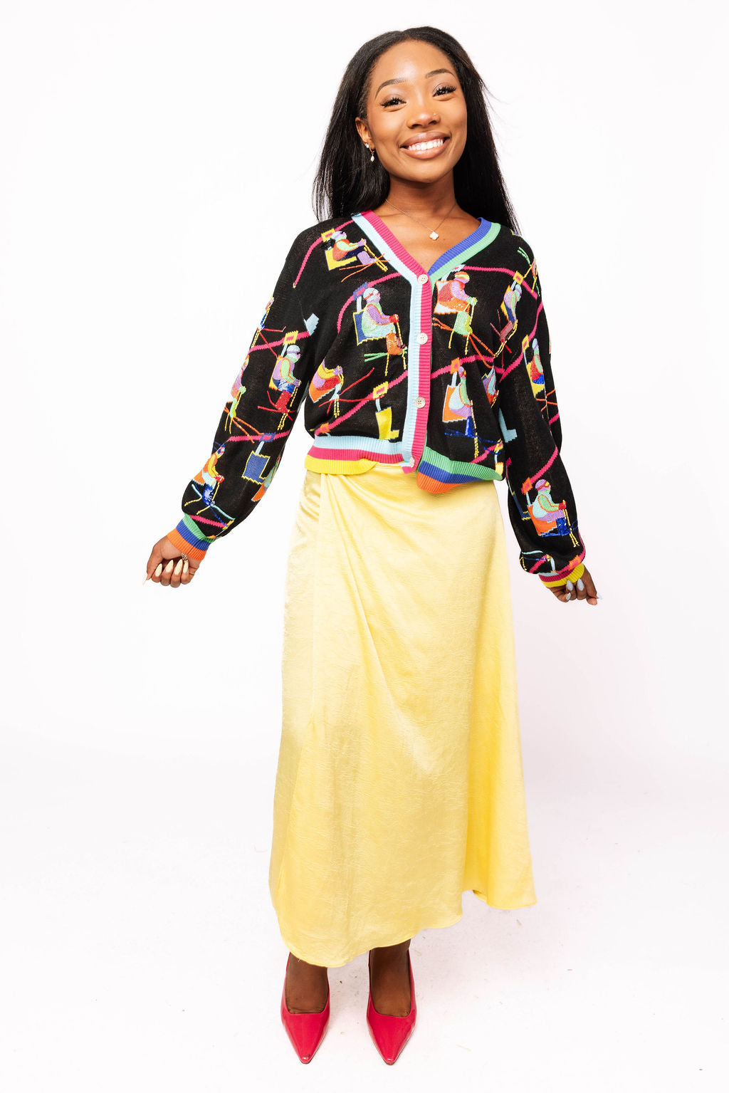 Black Multi Skier On Ski Lift Button Up Cardigan