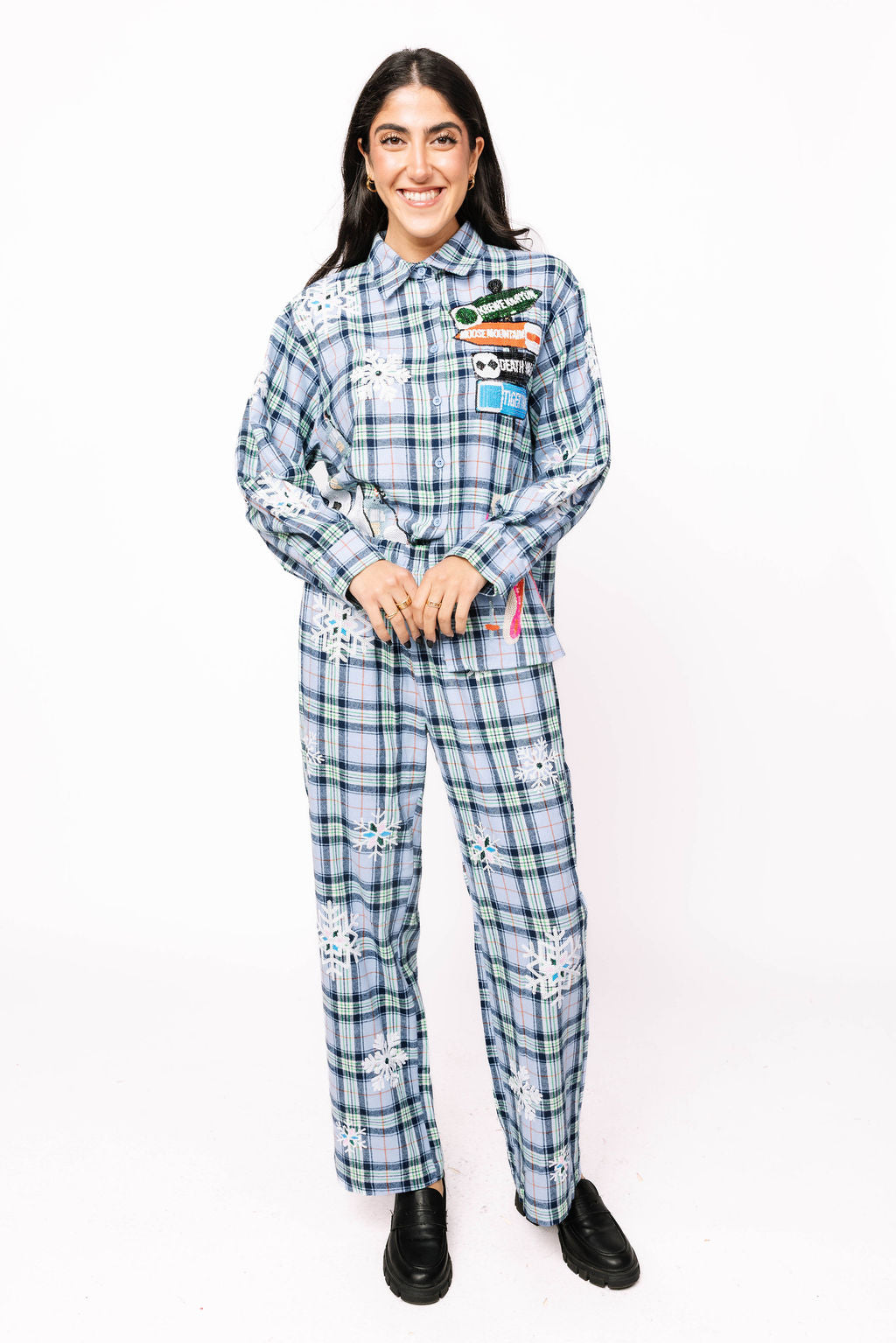 Sample Blue Plaid Ski Icon & Snowflake Button Down/Pant Set