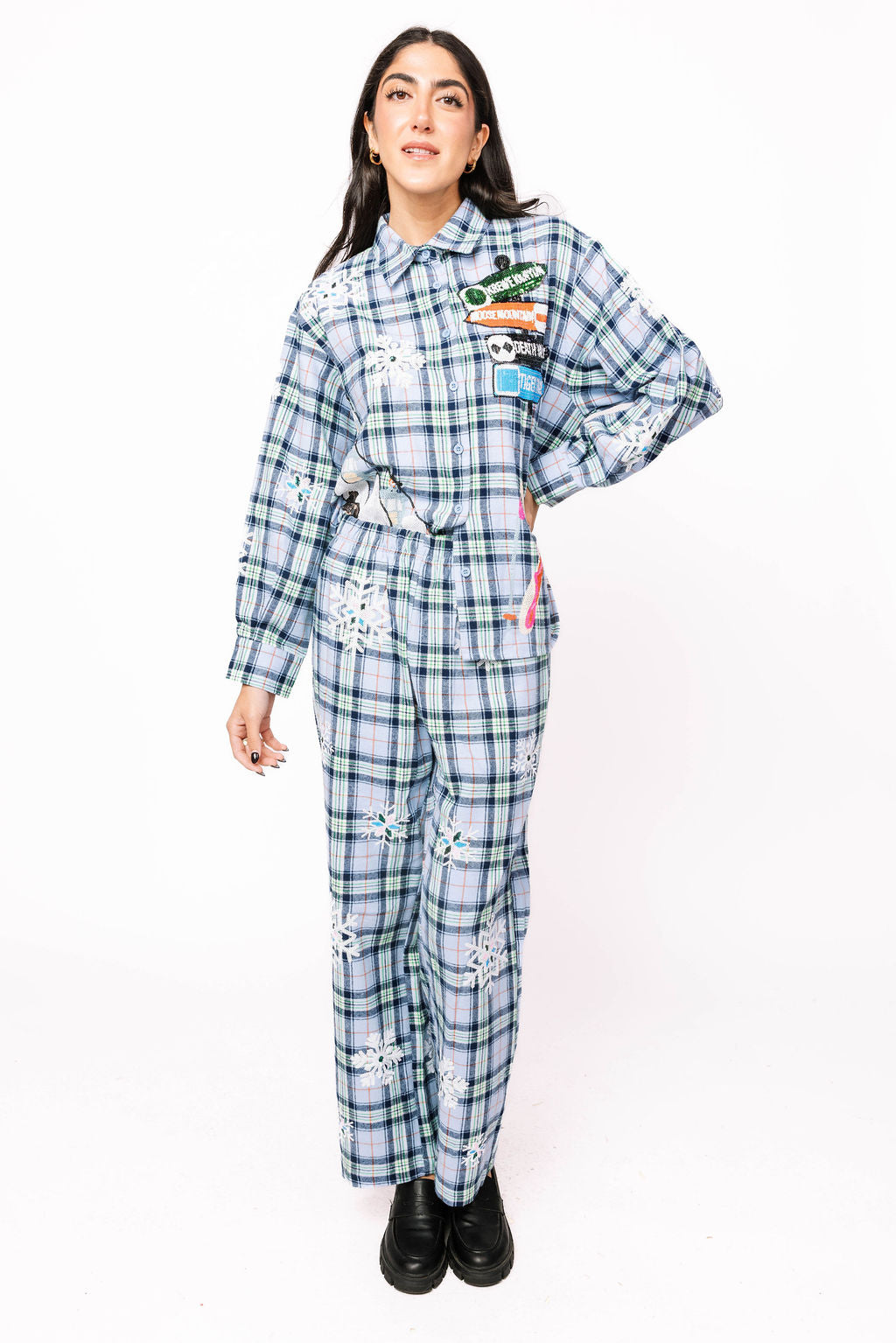 Sample Blue Plaid Ski Icon & Snowflake Button Down/Pant Set