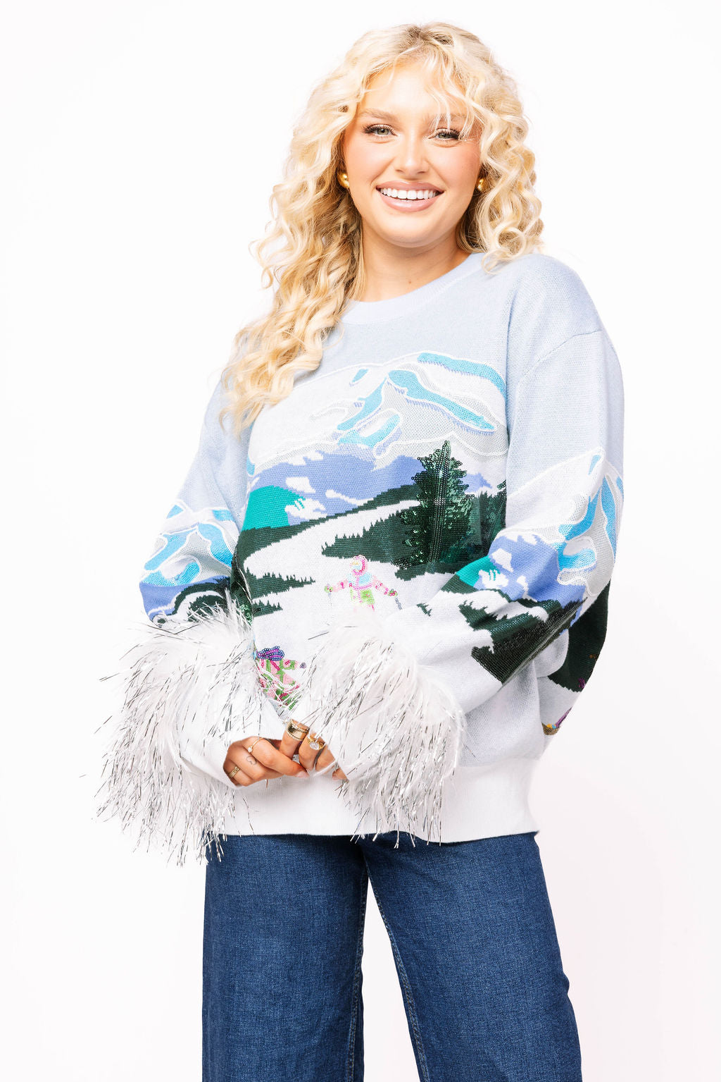 Skiers On Mountain Feather Sleeve Sweater