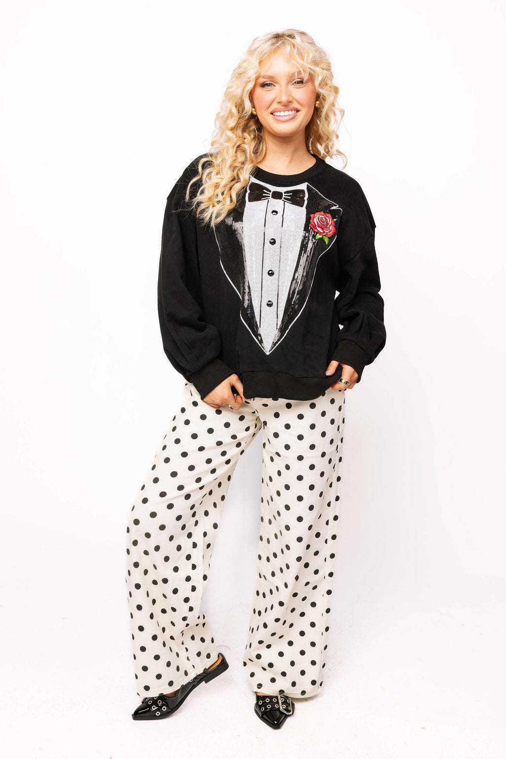 Sample Black & White Sequin Tuxedo Sweatshirt