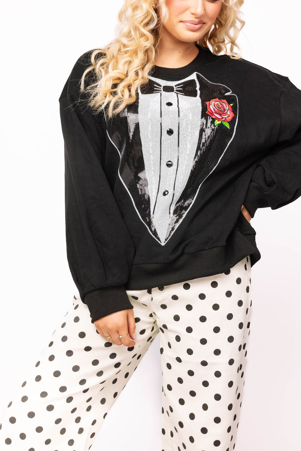Sample Black & White Sequin Tuxedo Sweatshirt
