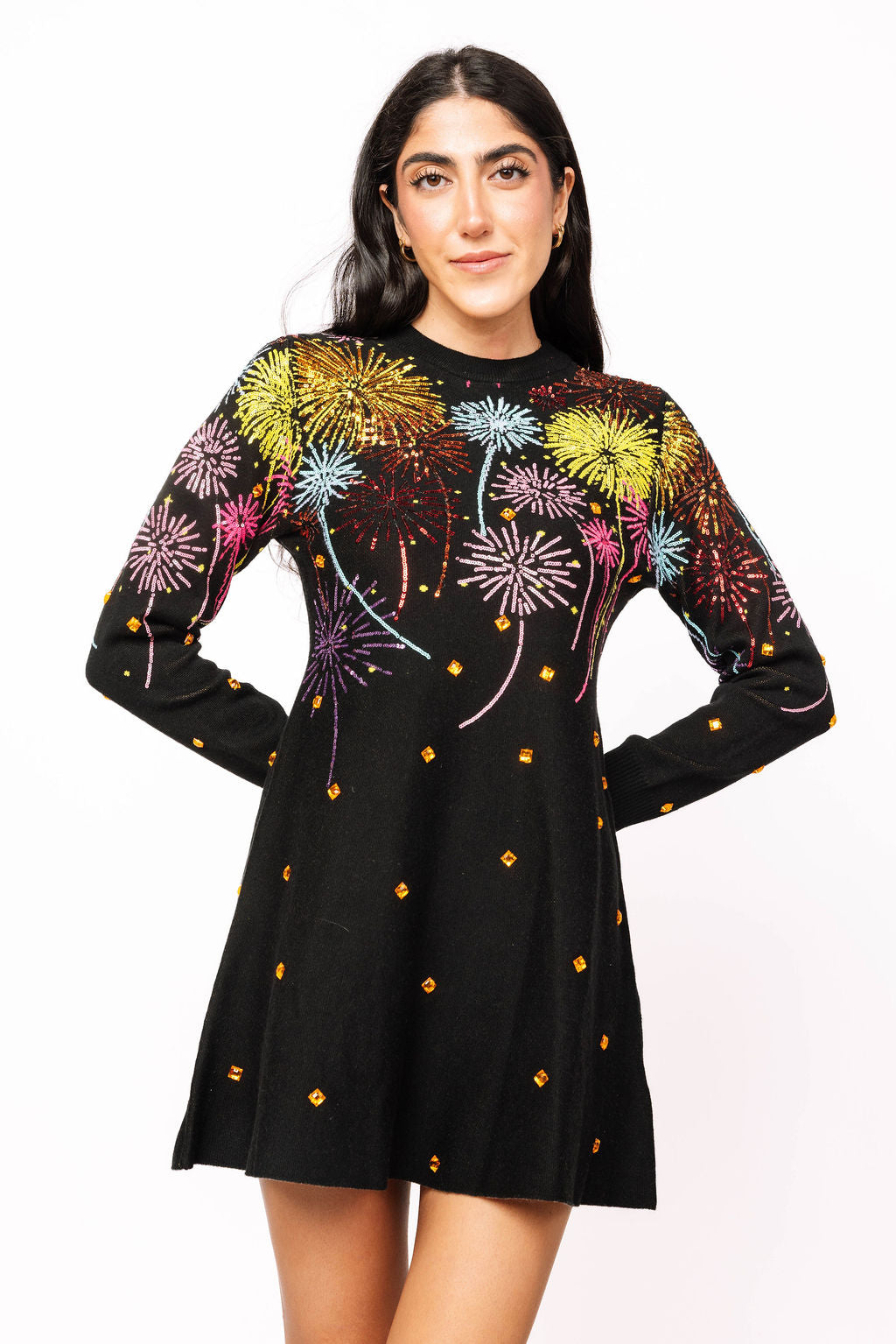 Black Multi Rainbow Firework Jeweled Sweater Dress Queen of Sparkles Black Multi Rainbow Firework Jeweled Sweater Dress Queen of Sparkles