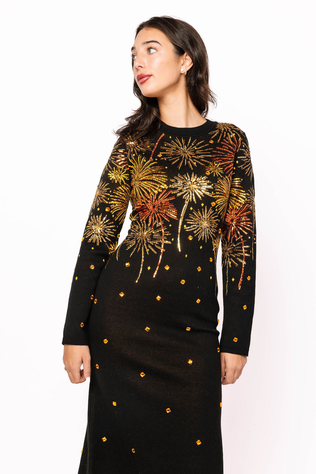 Black, Gold & Rose Gold Firework Jeweled Midi Sweater Dress Black, Gold & Rose Gold Firework Jeweled Midi Sweater Dress