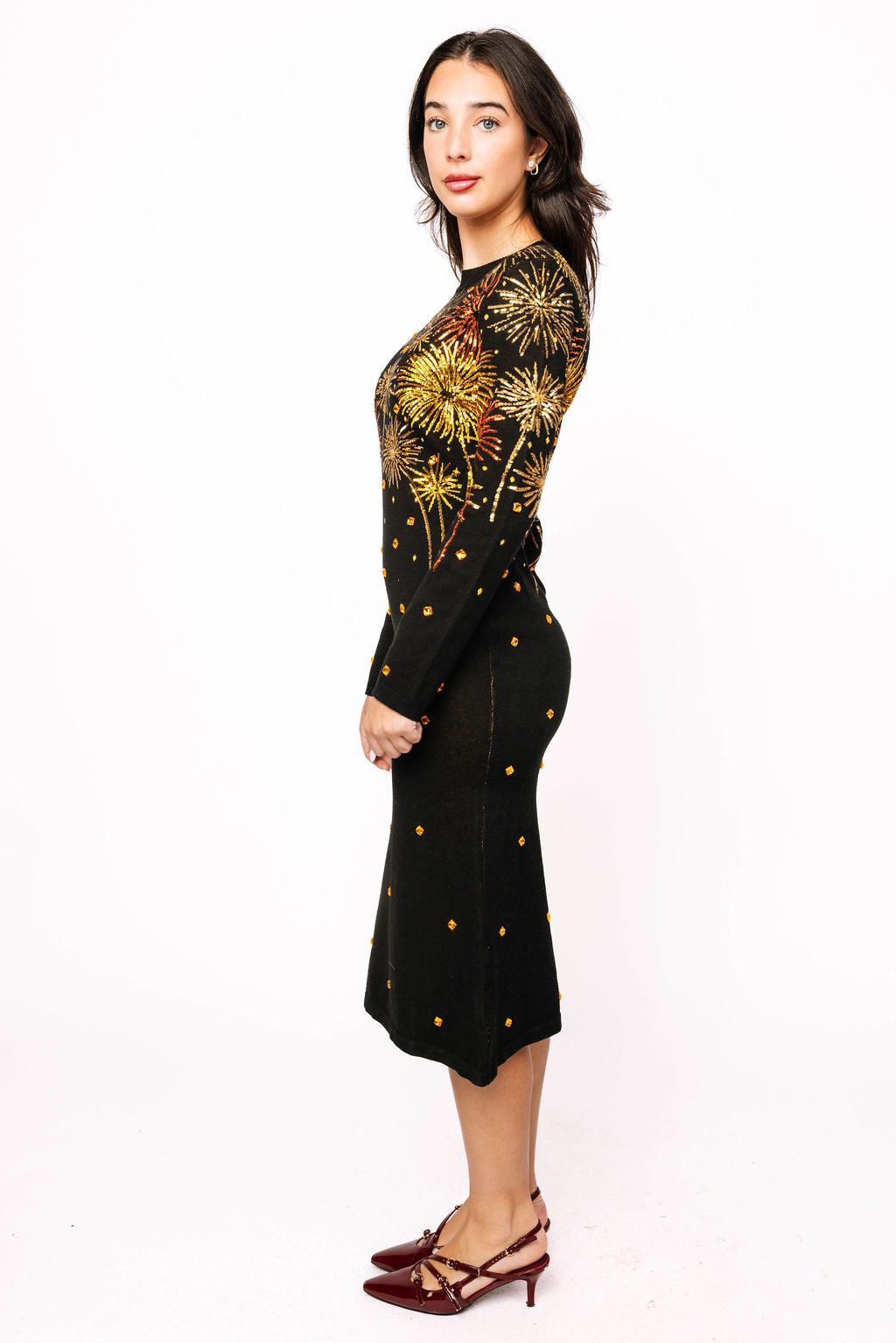 Black, Gold & Rose Gold Firework Jeweled Midi Sweater Dress Black, Gold & Rose Gold Firework Jeweled Midi Sweater Dress