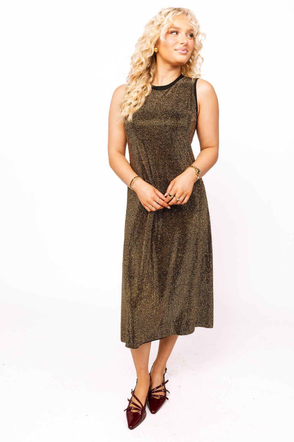 Black & Gold Full Rhinestone Active Midi Dress