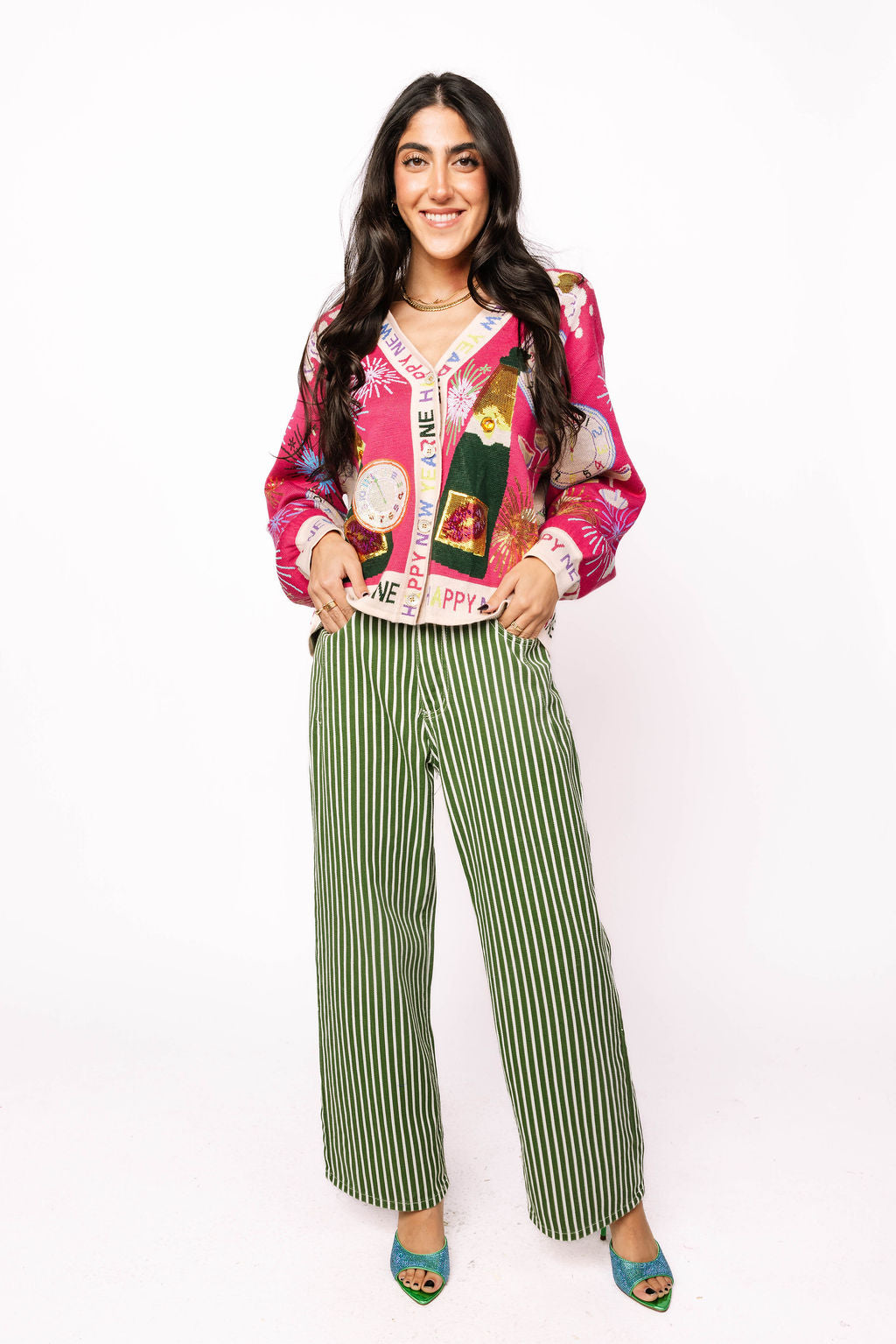 Hot Pink NYE Icon Button Up Cardigan With 'Happy New Year' Trim
