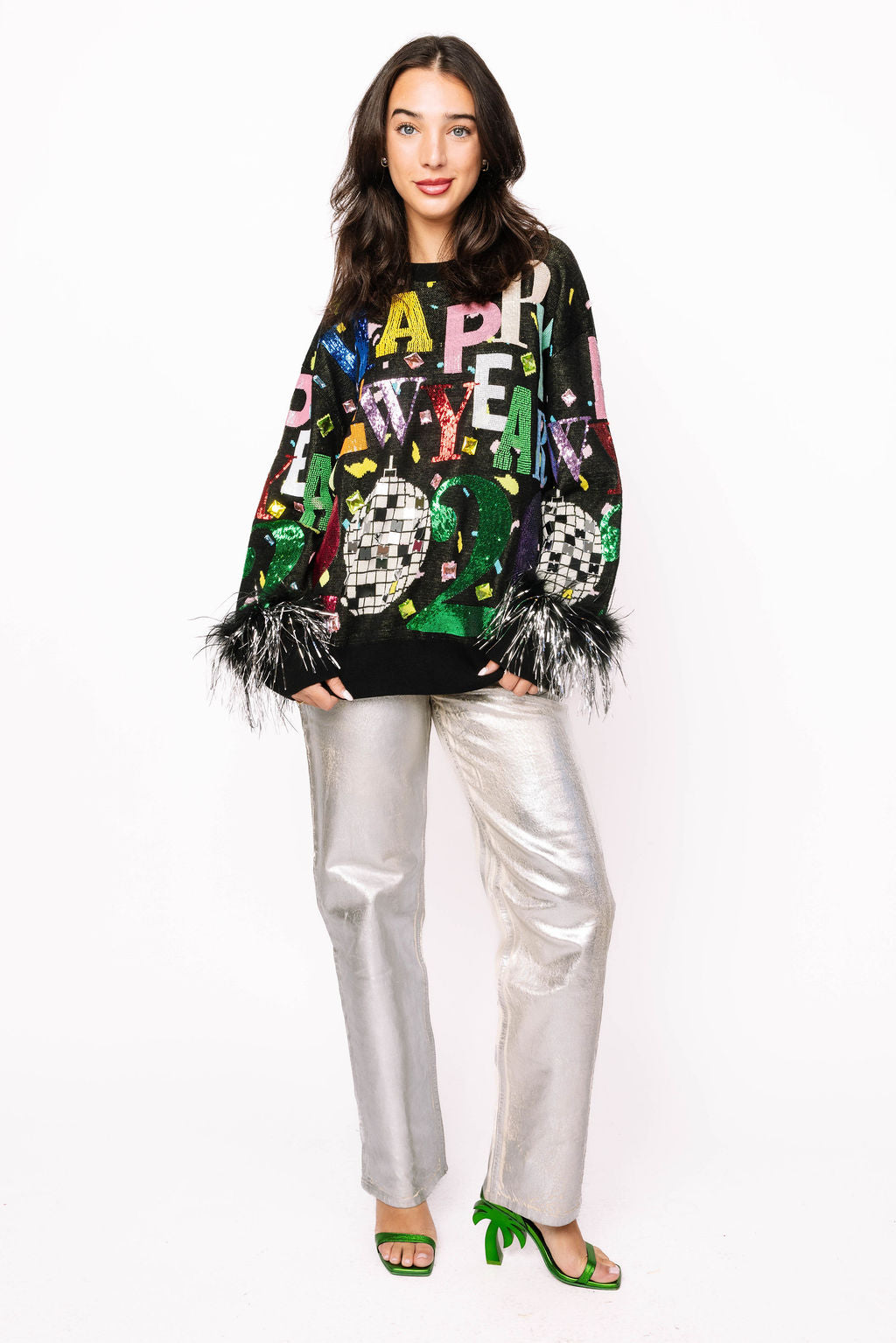 Black Multi 'Happy New Year 2026' Feather Sleeve Sweater
