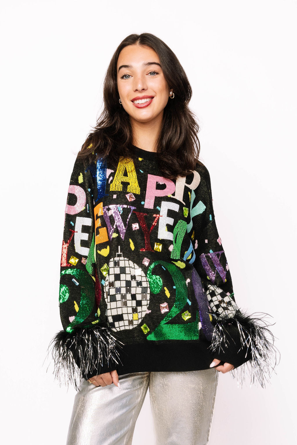 Black Multi 'Happy New Year 2026' Feather Sleeve Sweater