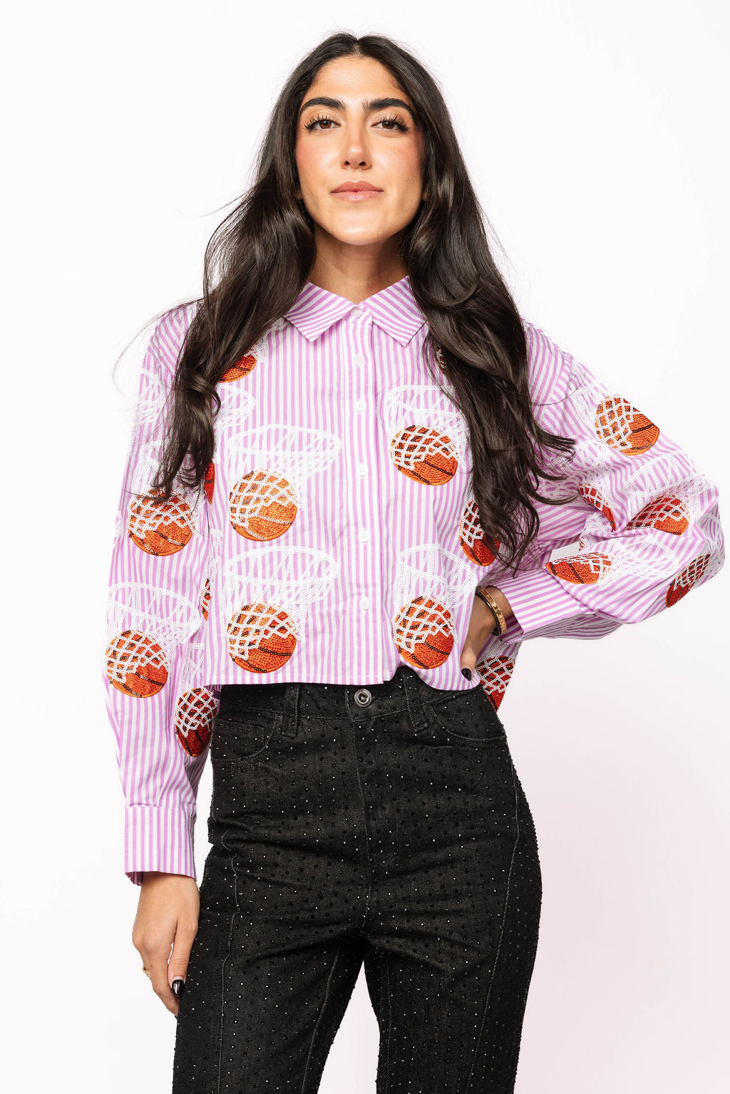 Lavender & White Stripe Basketball Hoop Button Up Top