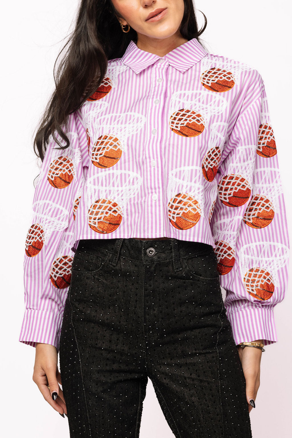 Lavender & White Stripe Basketball Hoop Button Up Top