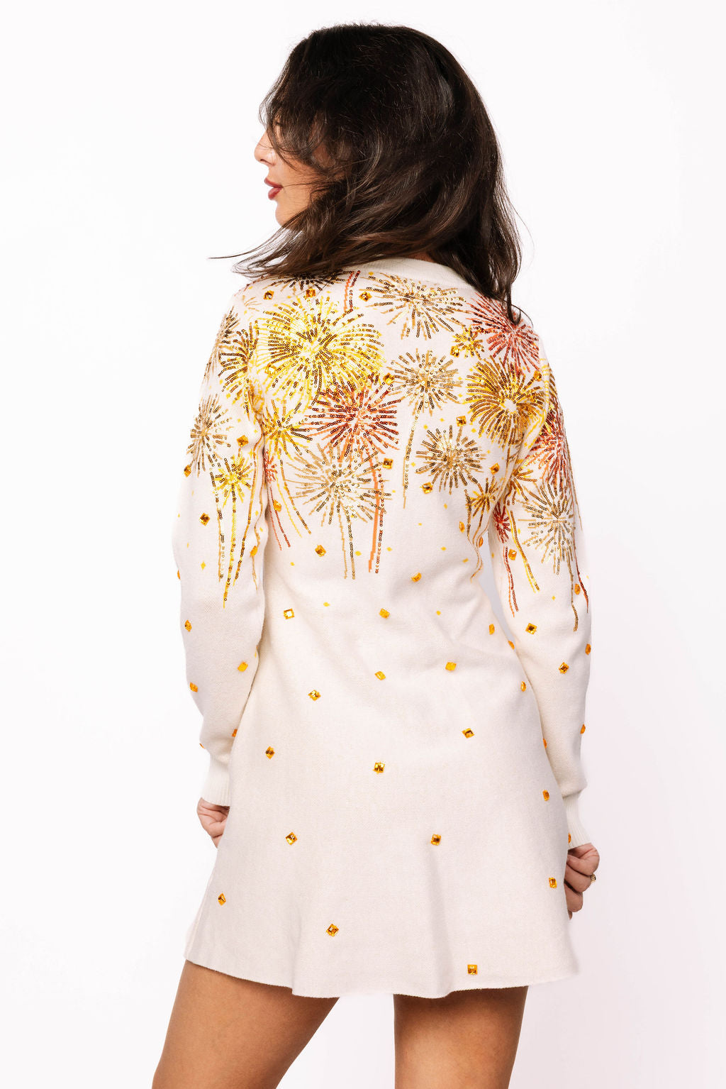 White, Gold & Rose Gold Firework Jeweled Sweater Dress White, Gold & Rose Gold Firework Jeweled Sweater Dress