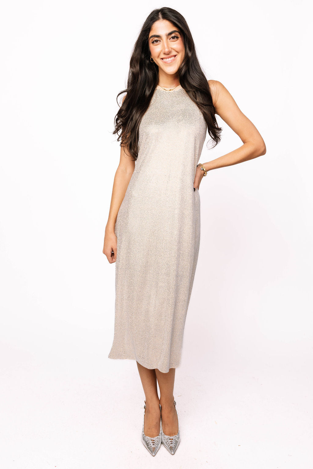 Beige Full Rhinestone Active Midi Dress