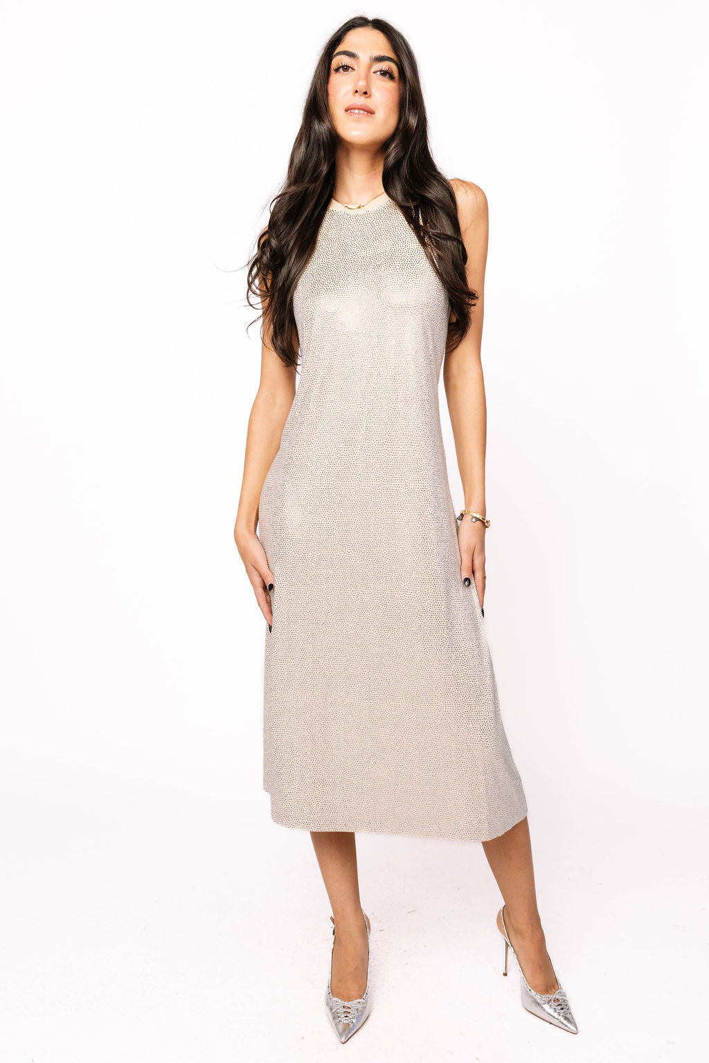Beige Full Rhinestone Active Midi Dress Queen of Sparkles Beige Full Rhinestone Active Midi Dress Queen of Sparkles