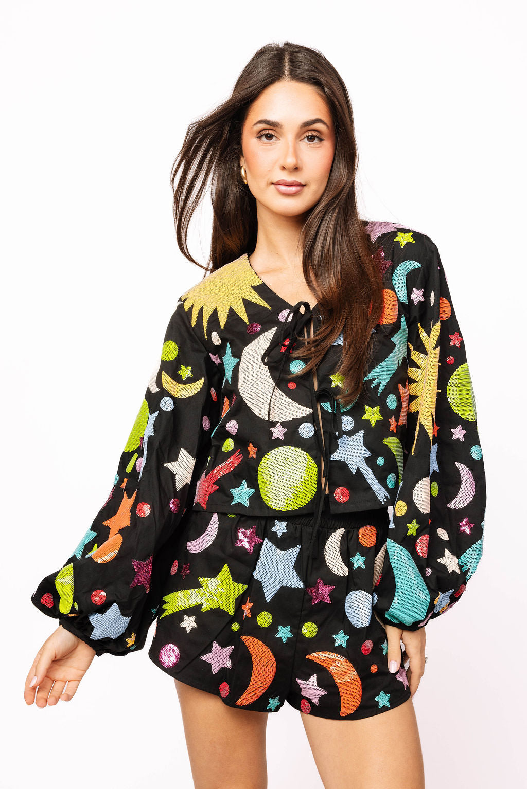 Black Multi Galaxy Tie Up Long Sleeve Top