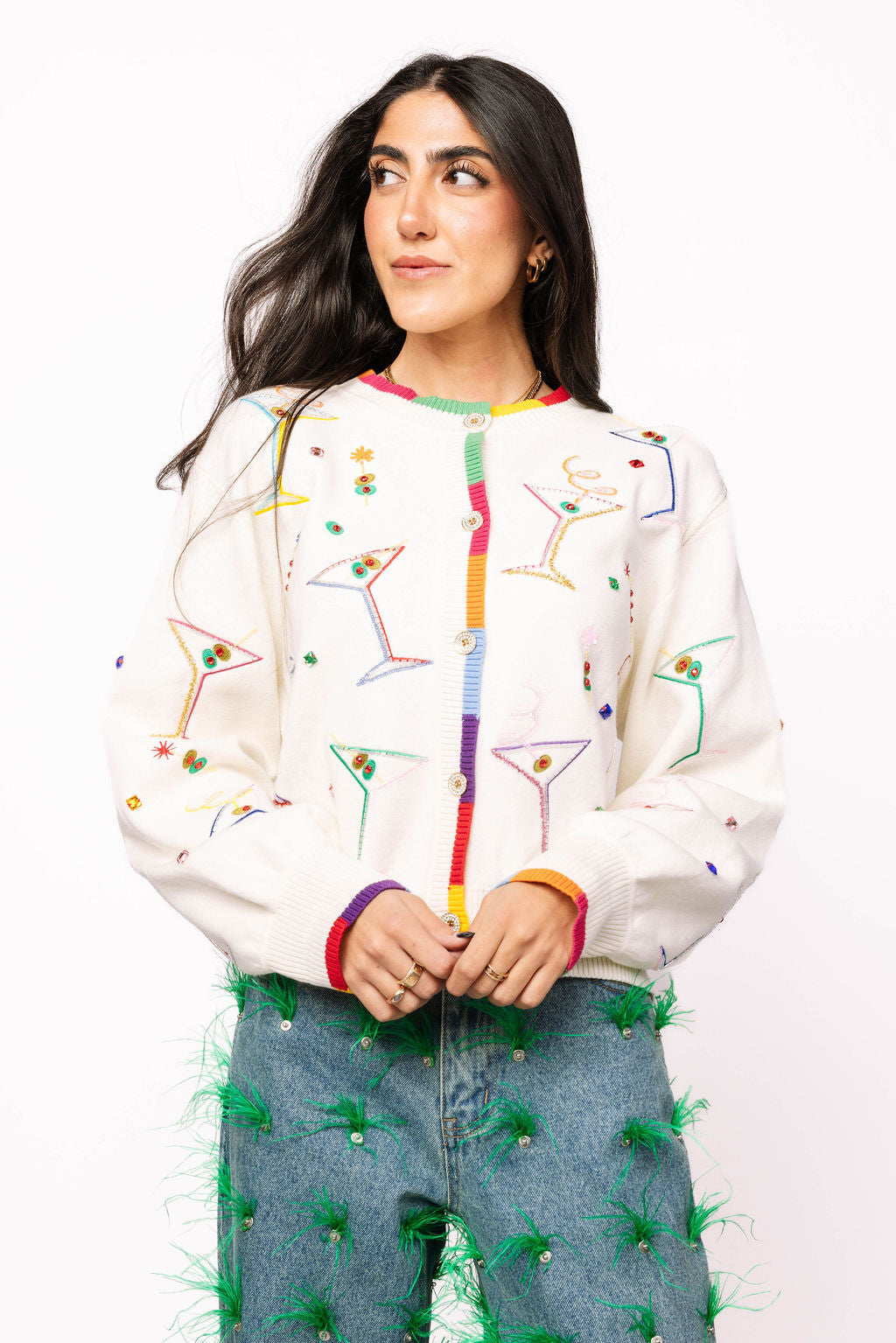 White Multi Cosmo & Martini Button Up Cardigan With Rainbow Trim