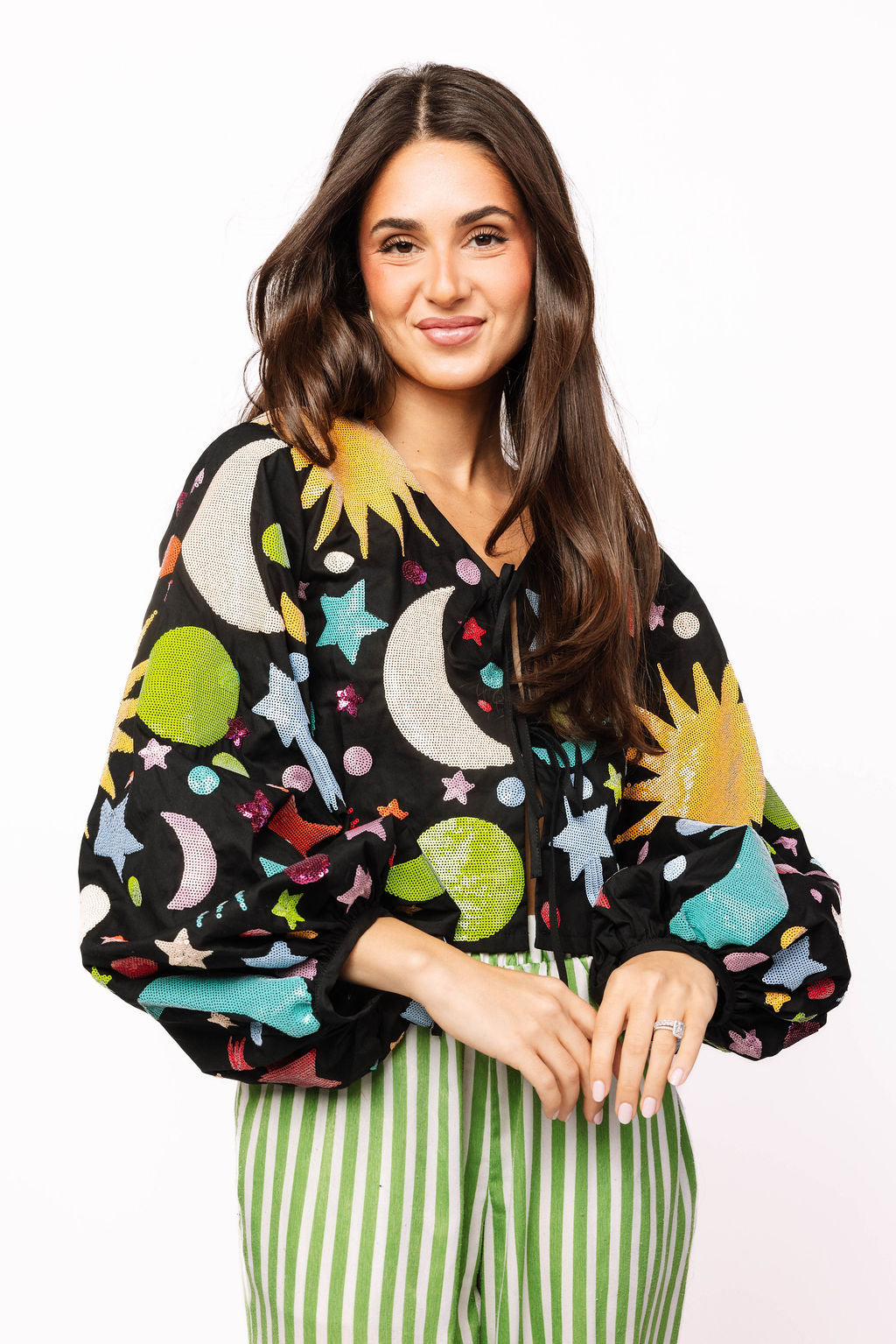 Black Multi Galaxy Tie Up Long Sleeve Top