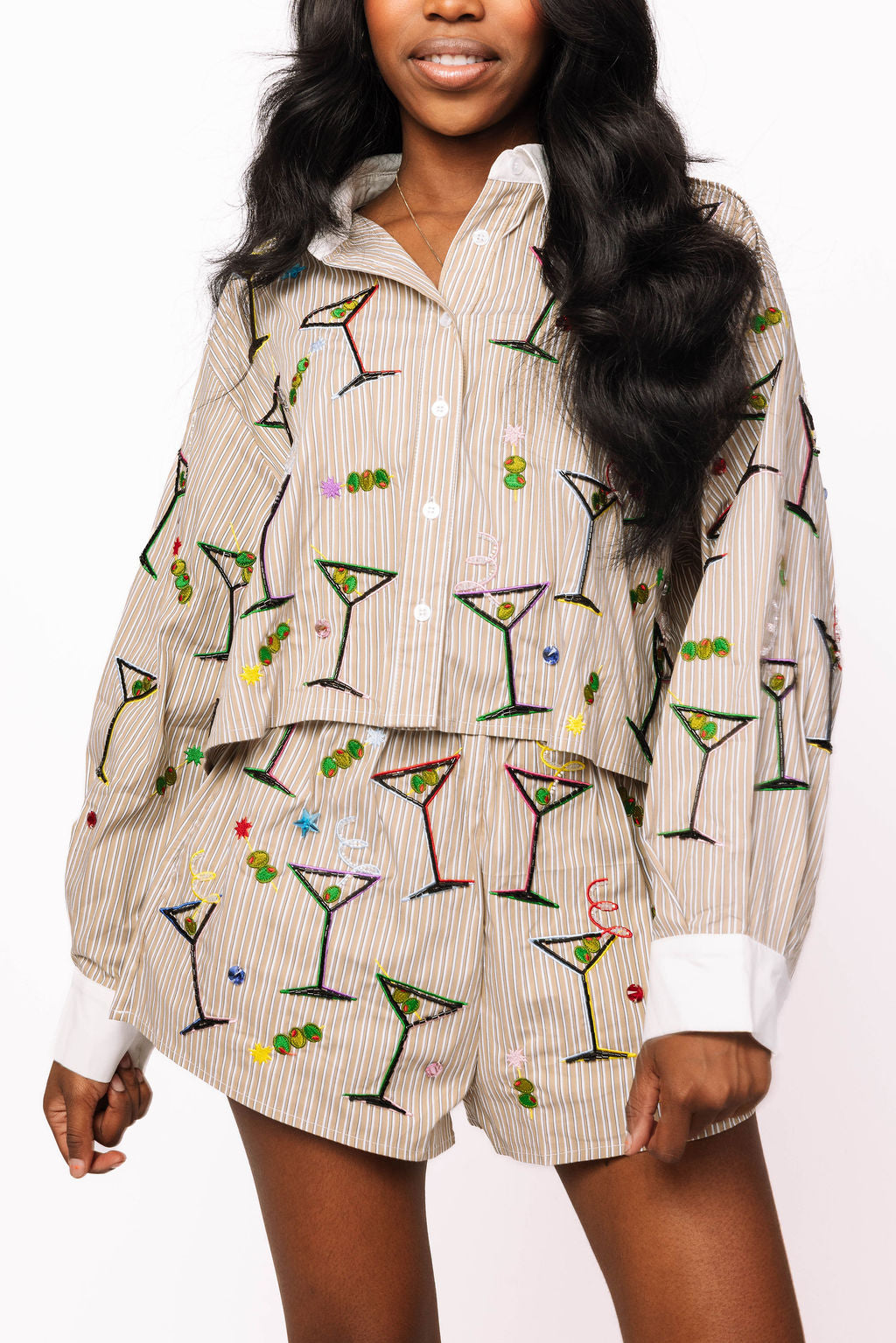 Green Stripe Rainbow Martini Button Up Top