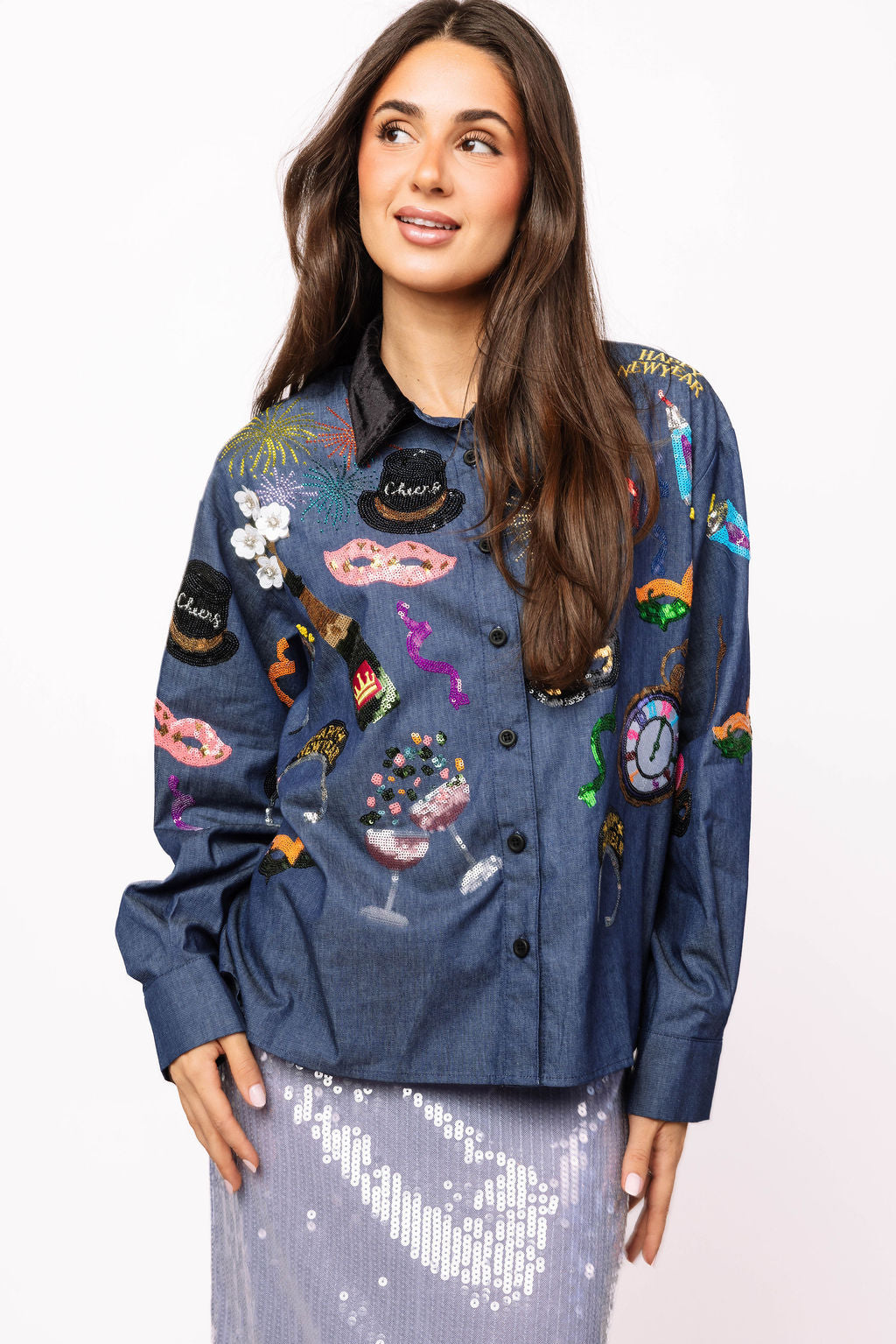 Denim NYE Icon Button Up Top With Black Velvet Collar