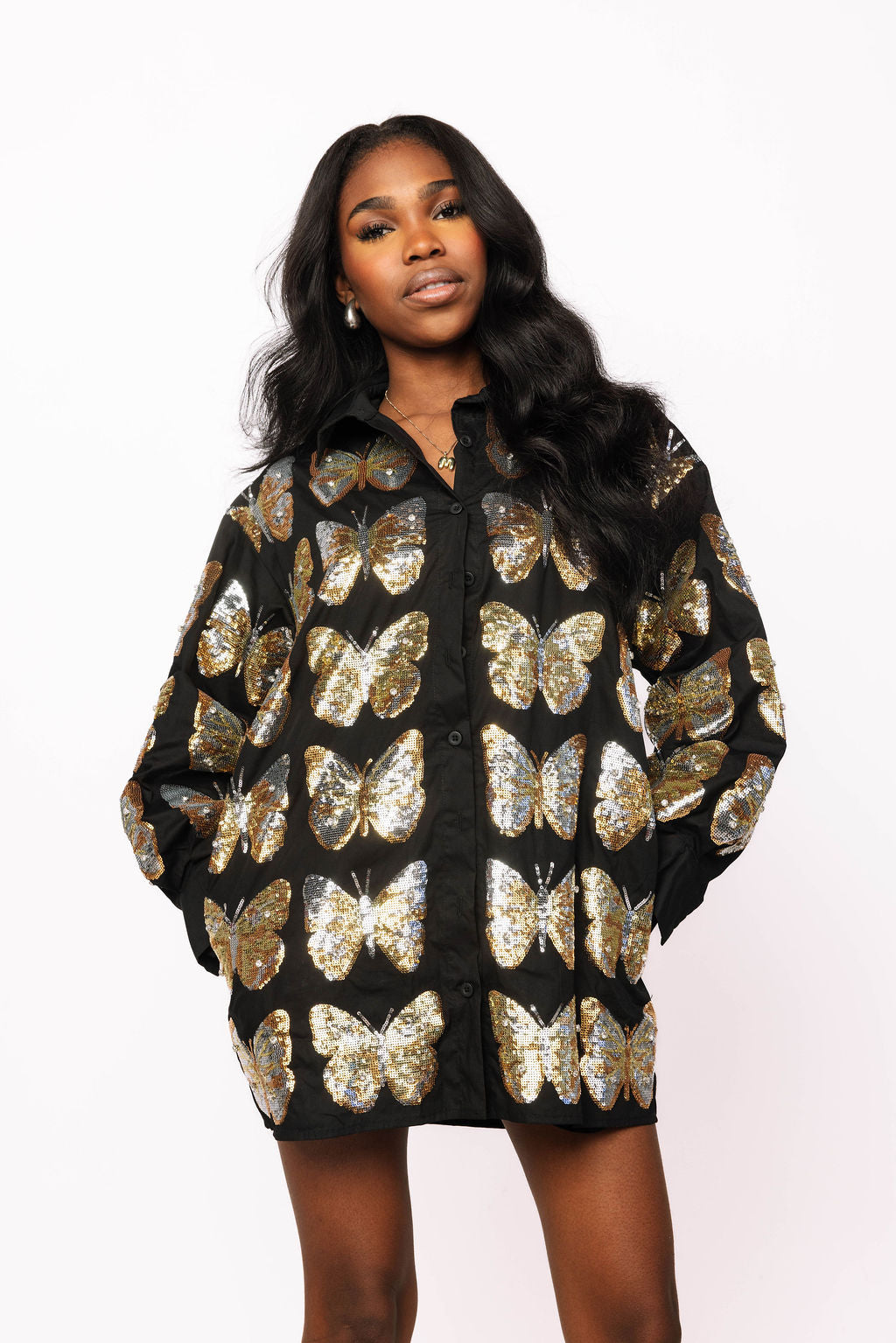 Black & Gold Sequin Butterfly Cotton Button Up Dress