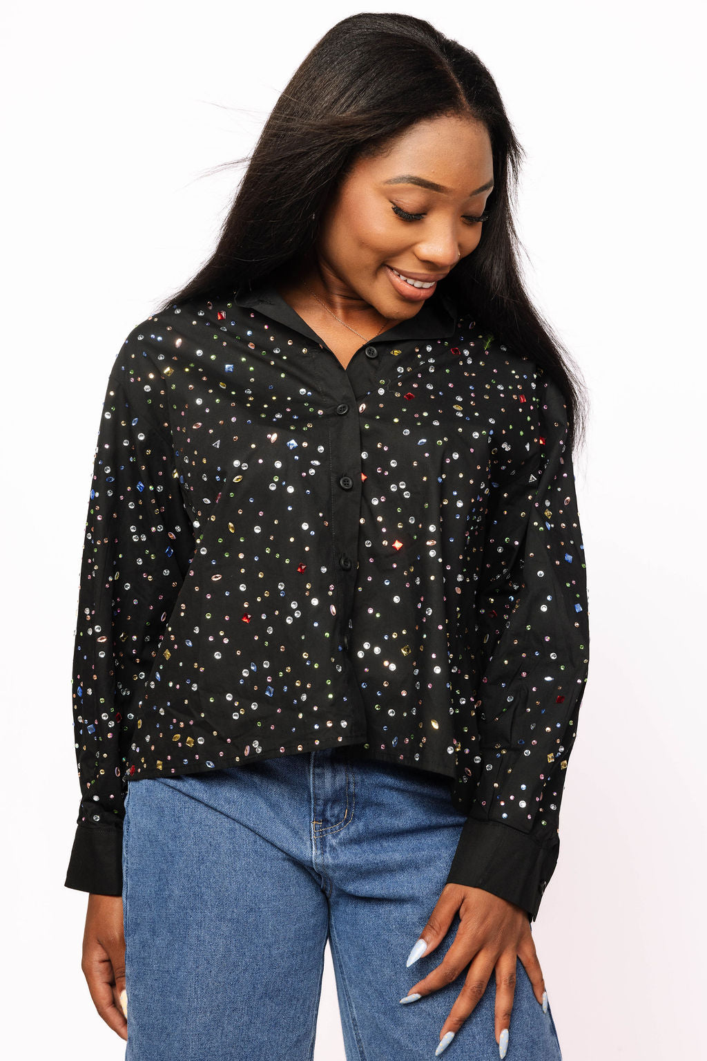 Black Multi Rhinestone Cotton Button Up Collared Top