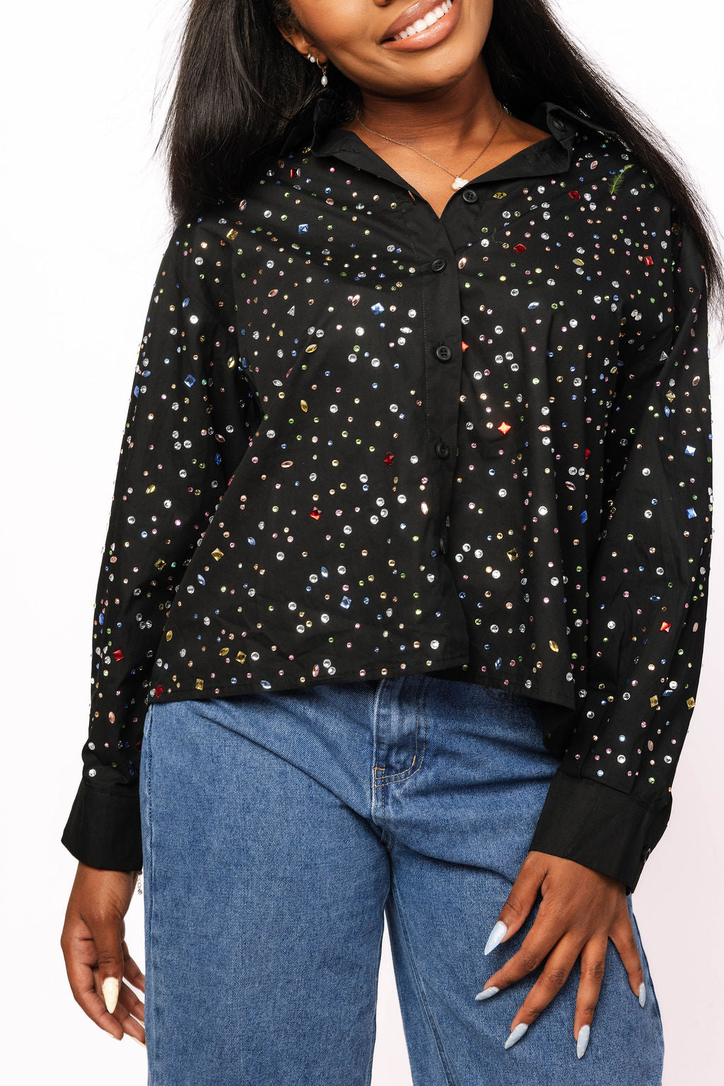 Black Multi Rhinestone Cotton Button Up Collared Top