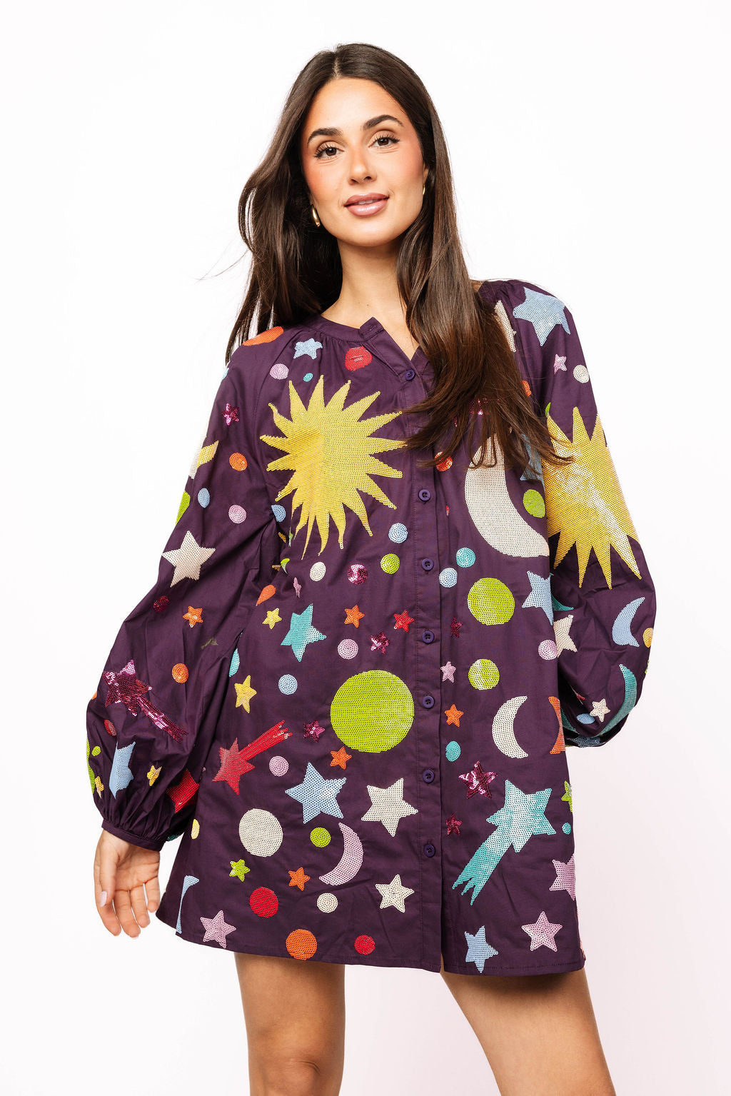 Dark Purple Multi Galaxy Button Up Cotton Bubble Sleeve Dress
