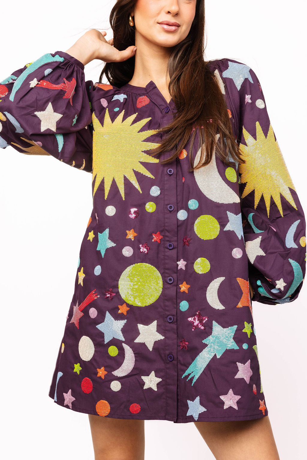 Dark Purple Multi Galaxy Button Up Cotton Bubble Sleeve Dress