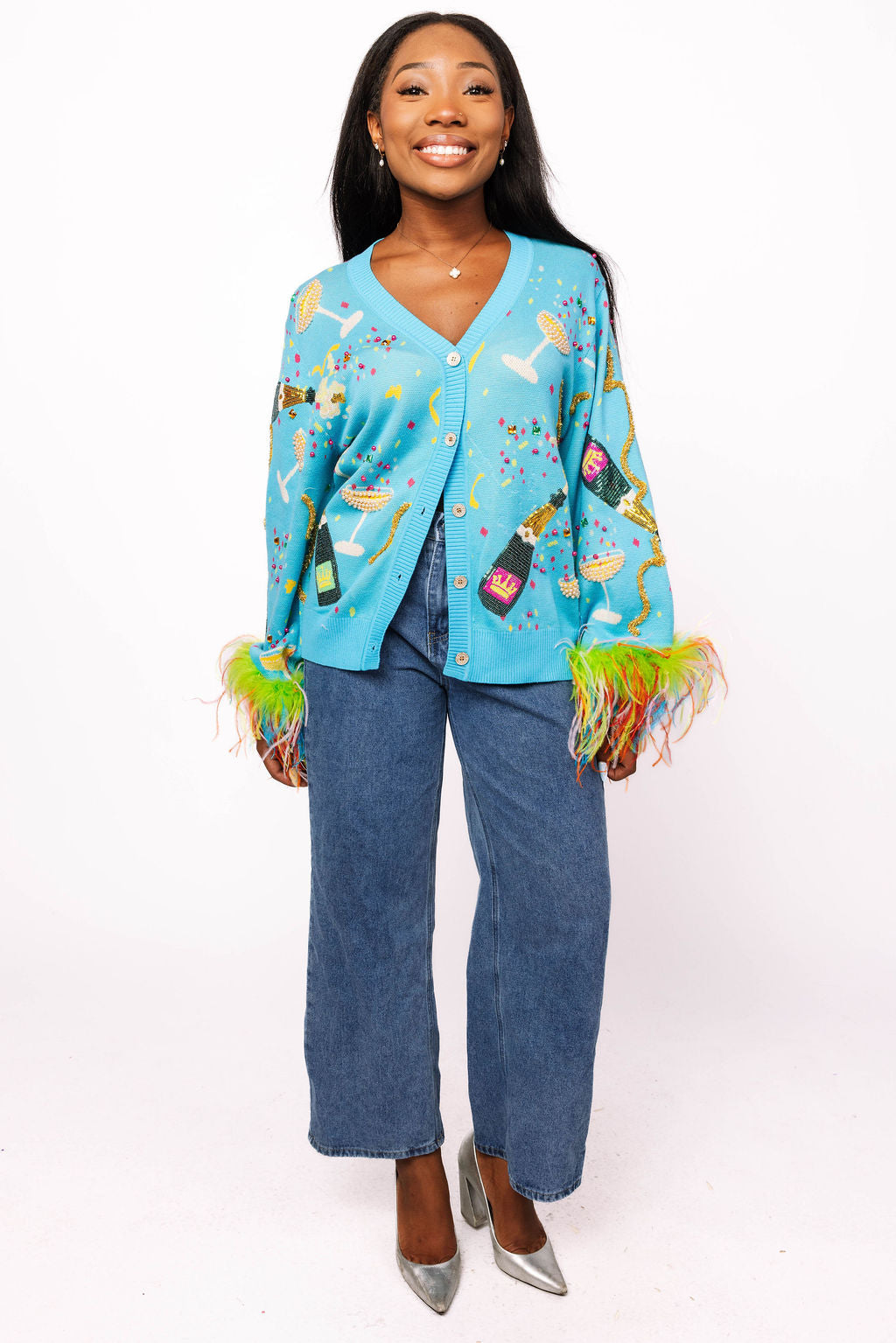 Aqua Popping Champagne Bottle & Coupe Feather Sleeve Button Up Cardigan
