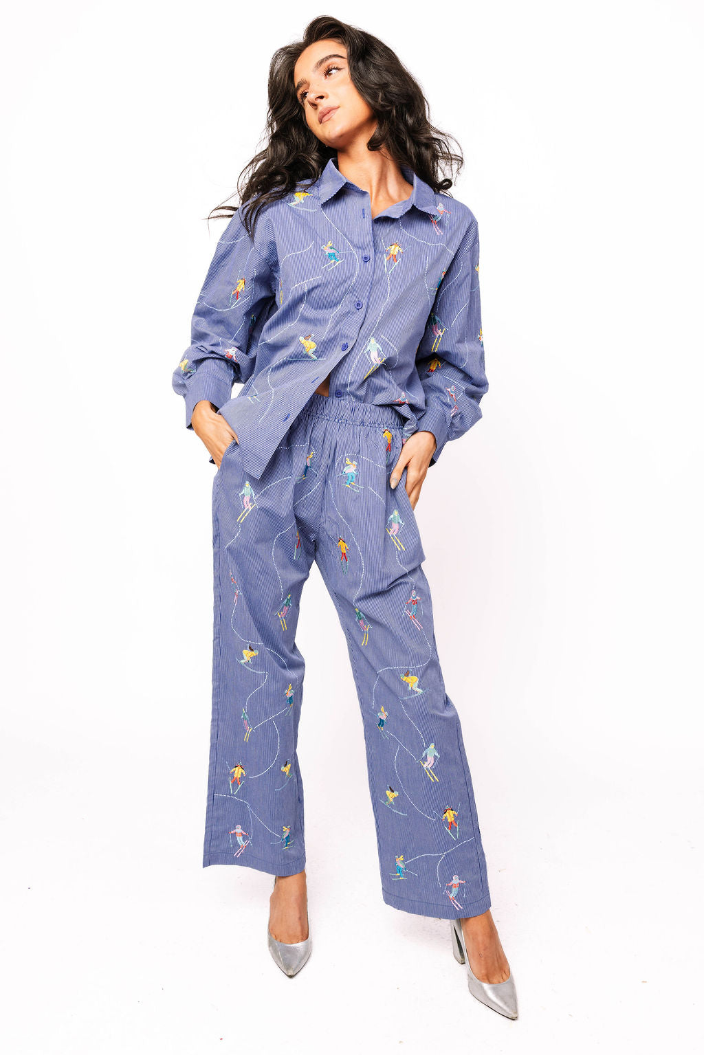 Sample Dark Blue Skiers Skiing Cotton Button Down Top/Pant Set