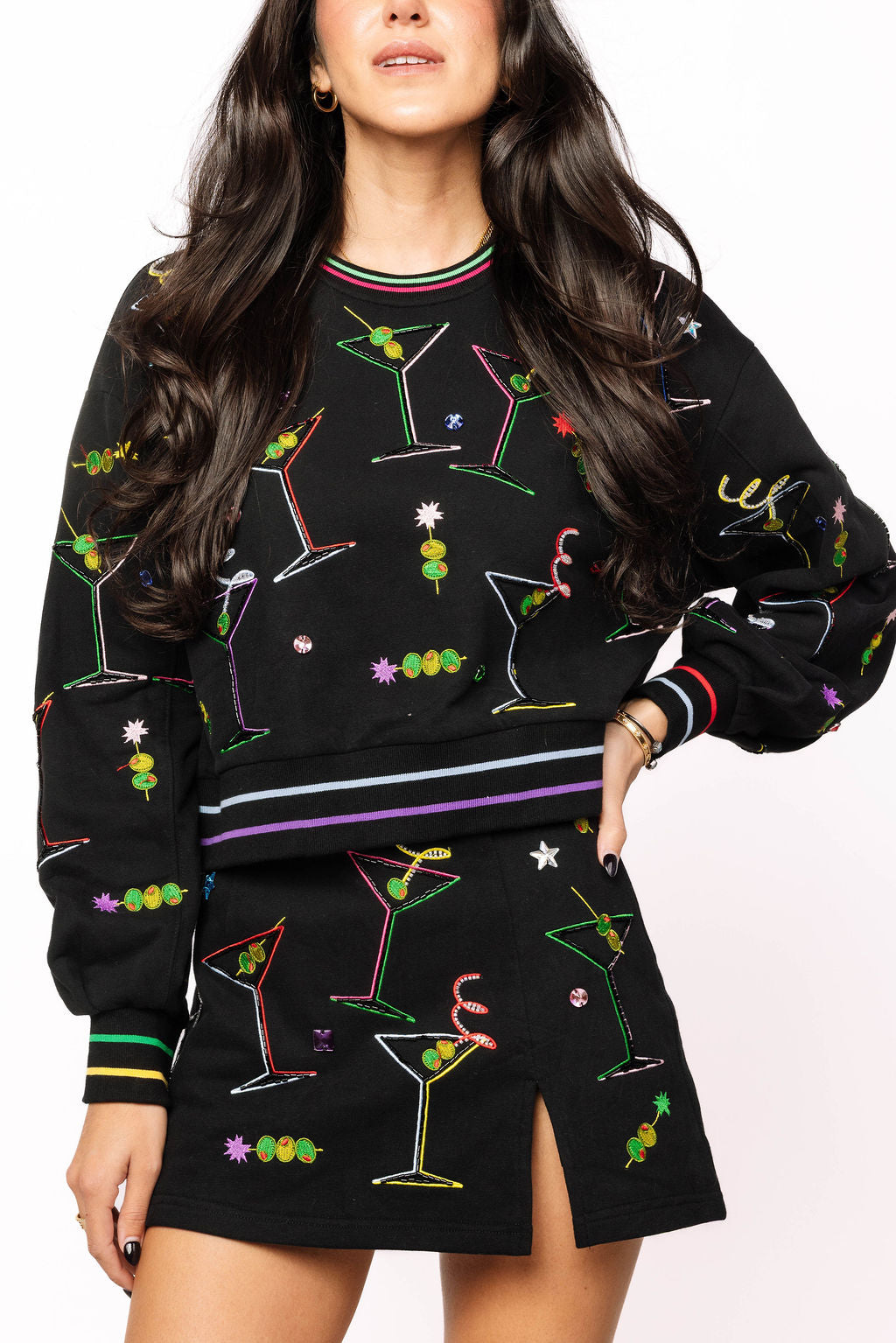 Black Multi Rainbow Trim Martini Sweatshirt