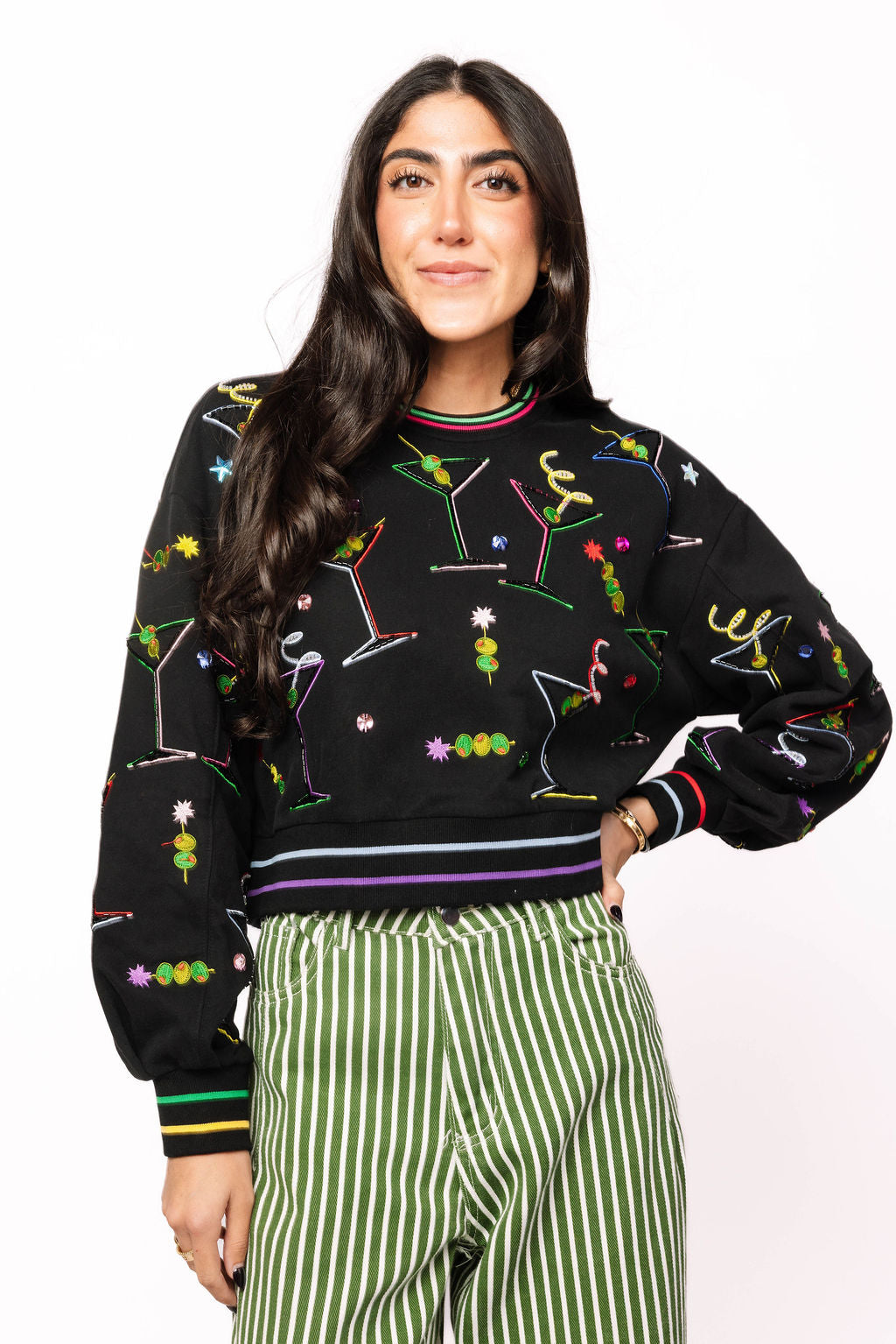 Black Multi Rainbow Trim Martini Sweatshirt
