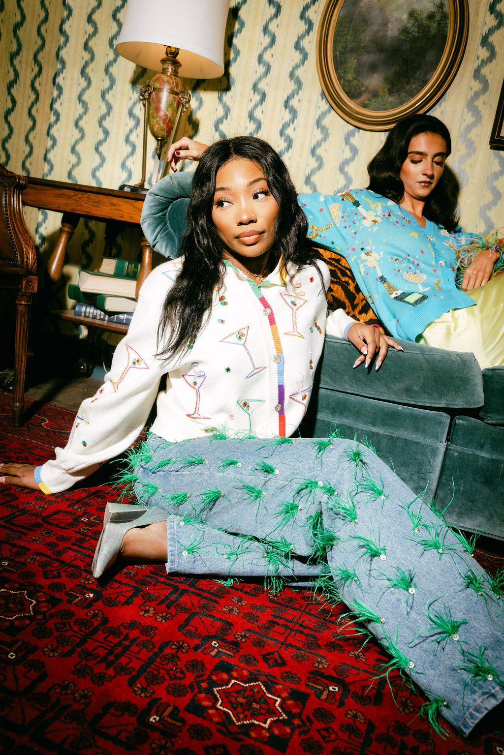 White Multi Cosmo & Martini Button Up Cardigan With Rainbow Trim