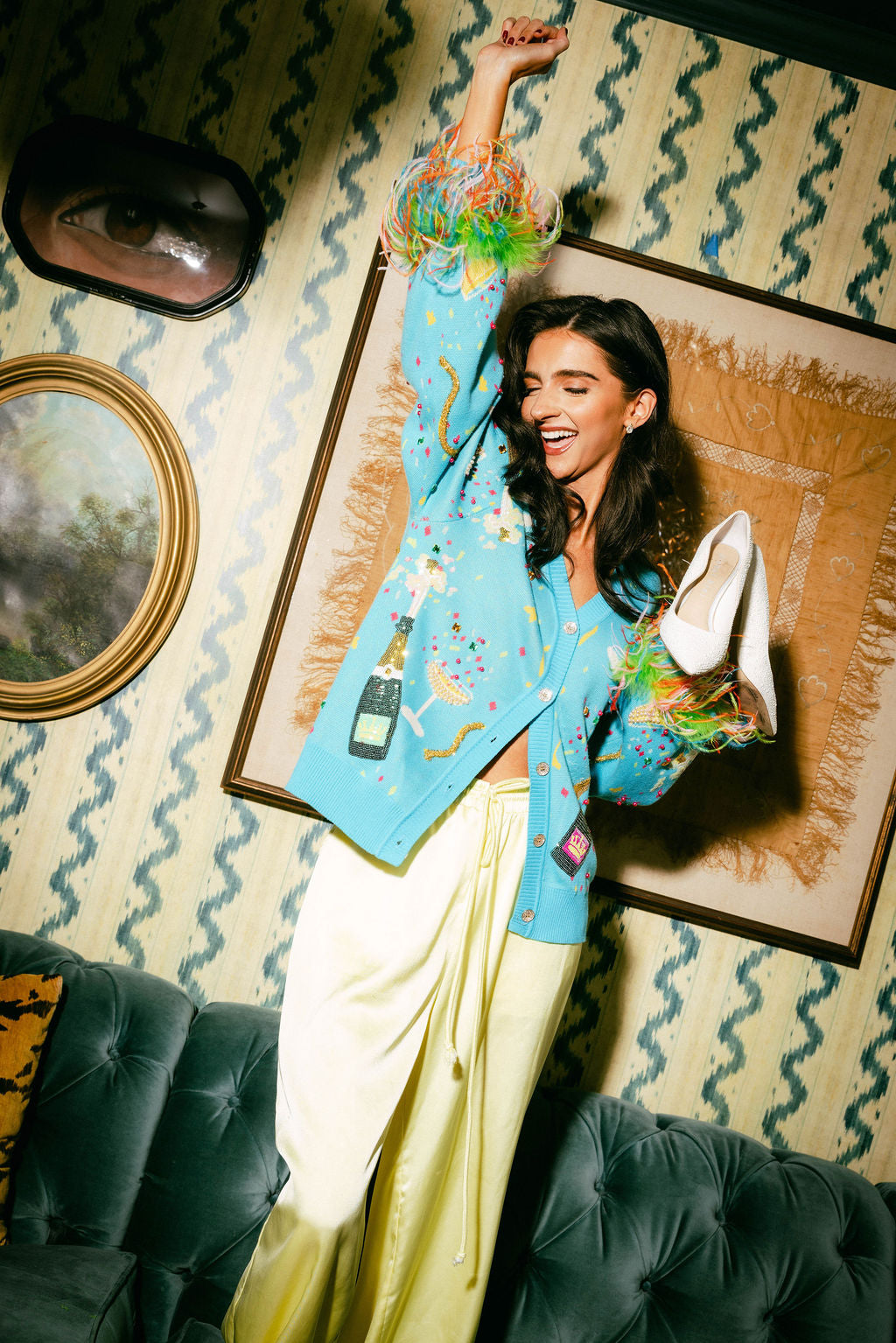 Aqua Popping Champagne Bottle & Coupe Feather Sleeve Button Up Cardigan