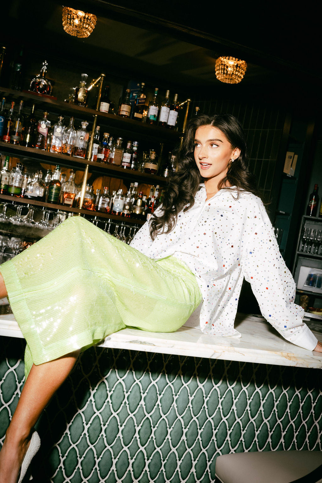 White Multi Rhinestone Cotton Button Up Collared Top