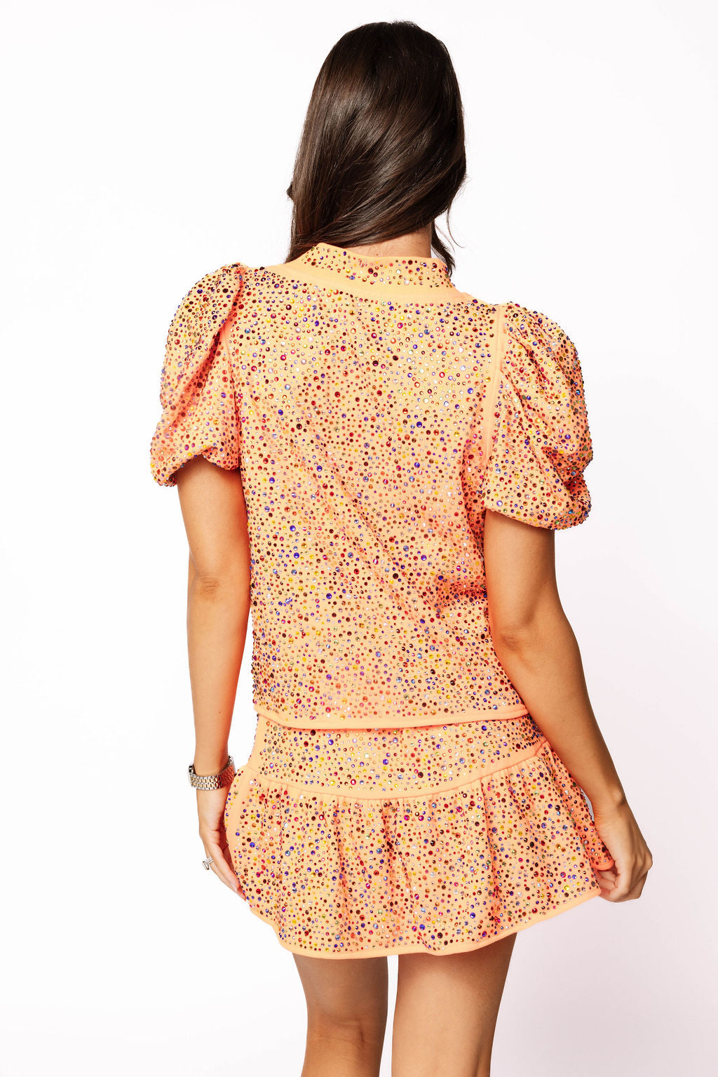 Sample Neon Orange Rhinestone Poof Sleeve Top/Skirt Set