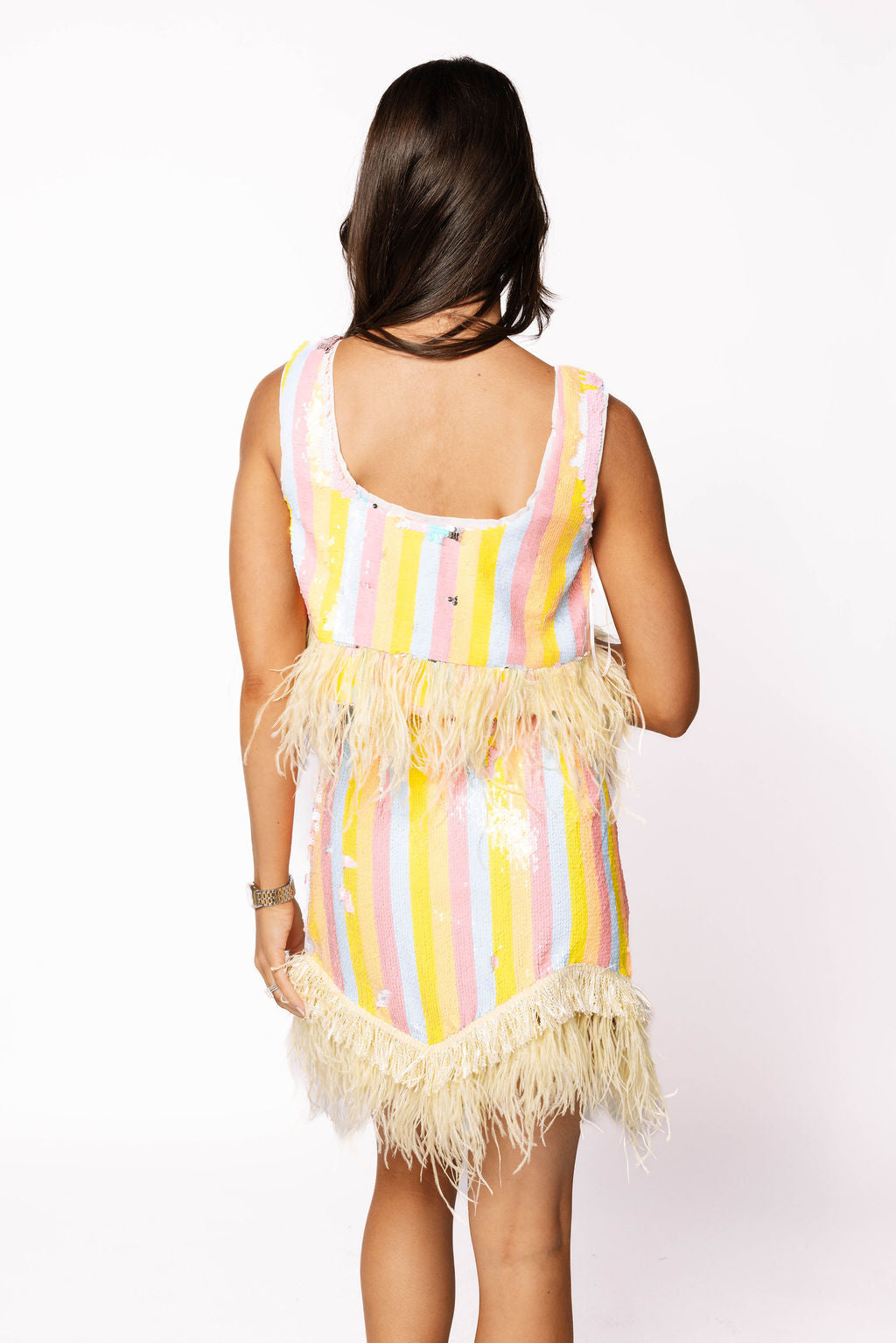 Sample Pastel Sequin Striped Feather Bottom Tank/Skirt Set
