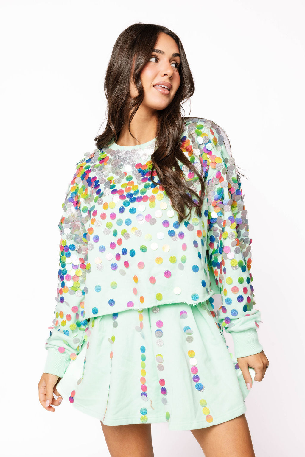 Sample Mint Rainbow Paillette Sweatshirt/Skort Set