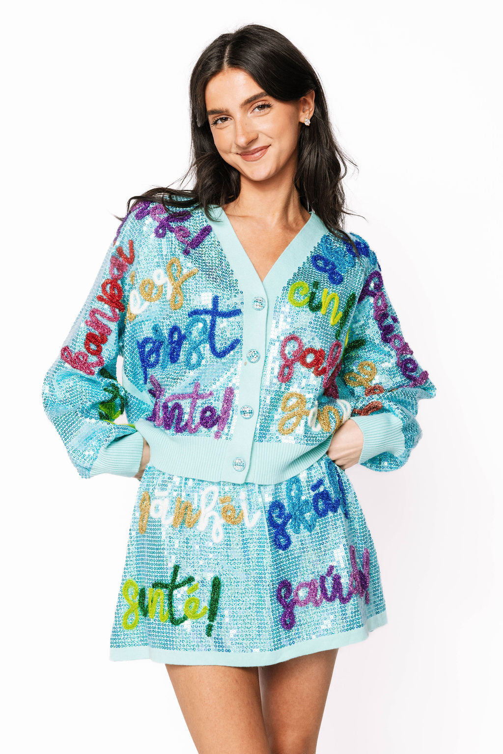 Sample Light Blue Full Sequin Cheers Words Cardigan/Skirt Set