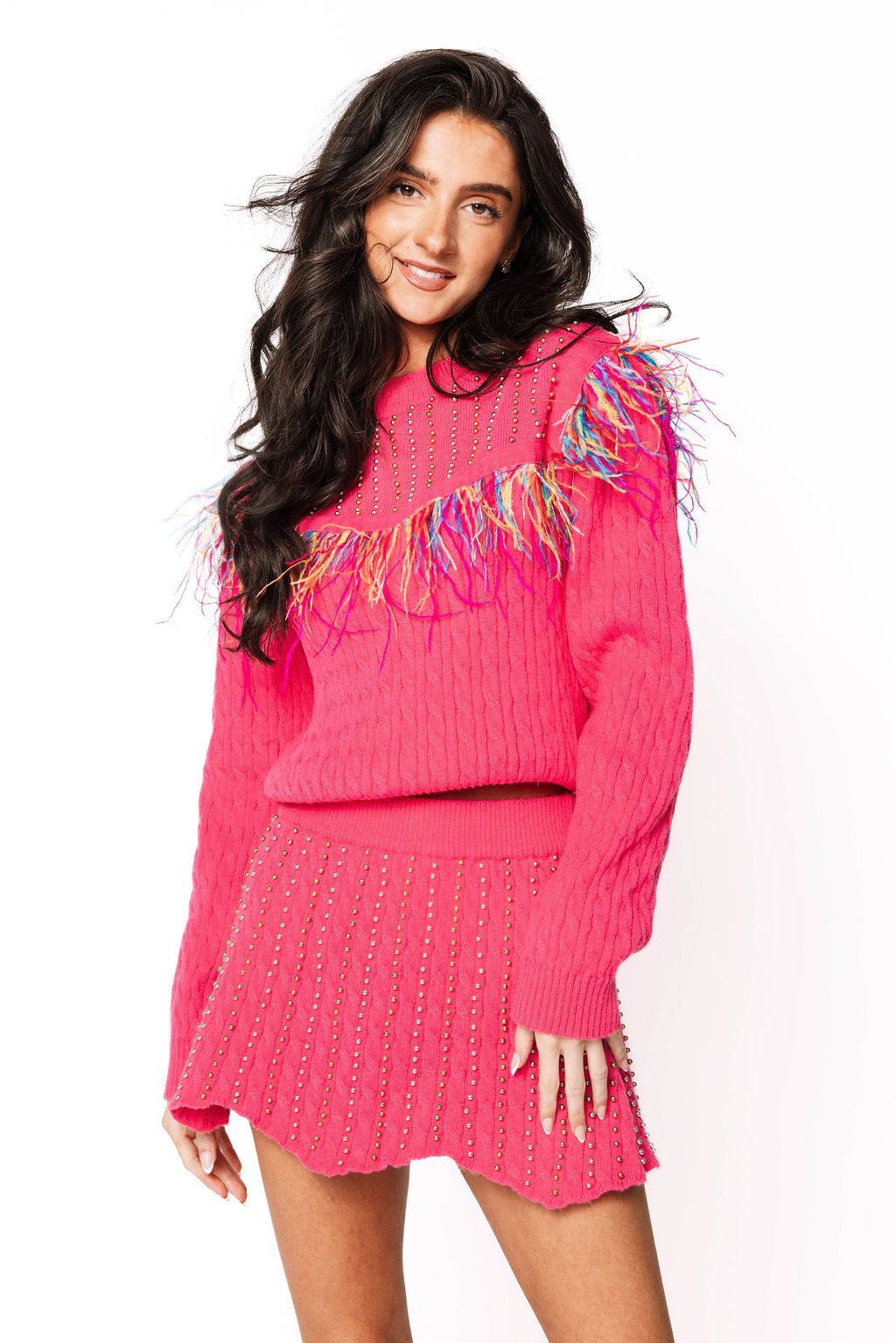 Sample Hot Pink Multi Feather Pearl Sweater/Skirt Set