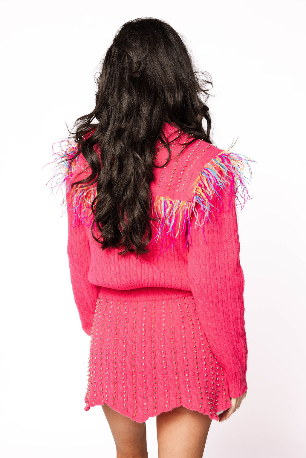 Sample Hot Pink Multi Feather Pearl Sweater/Skirt Set