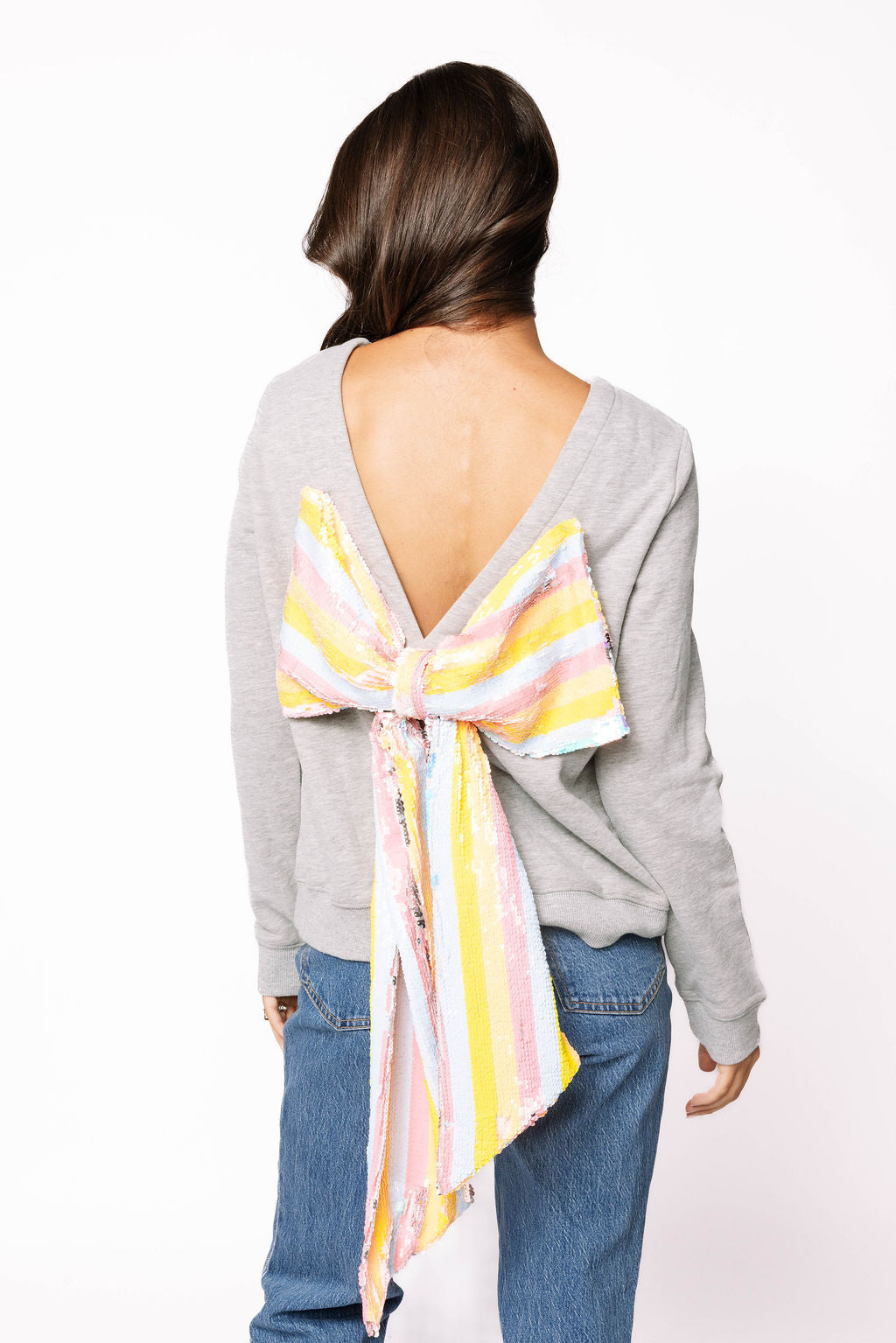 Sample Grey Sweatshirt With Pastel Sequin Stripe Bow