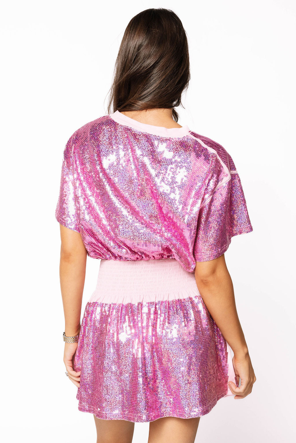 Sample Pink Full Sequin Smocked Tee Dress