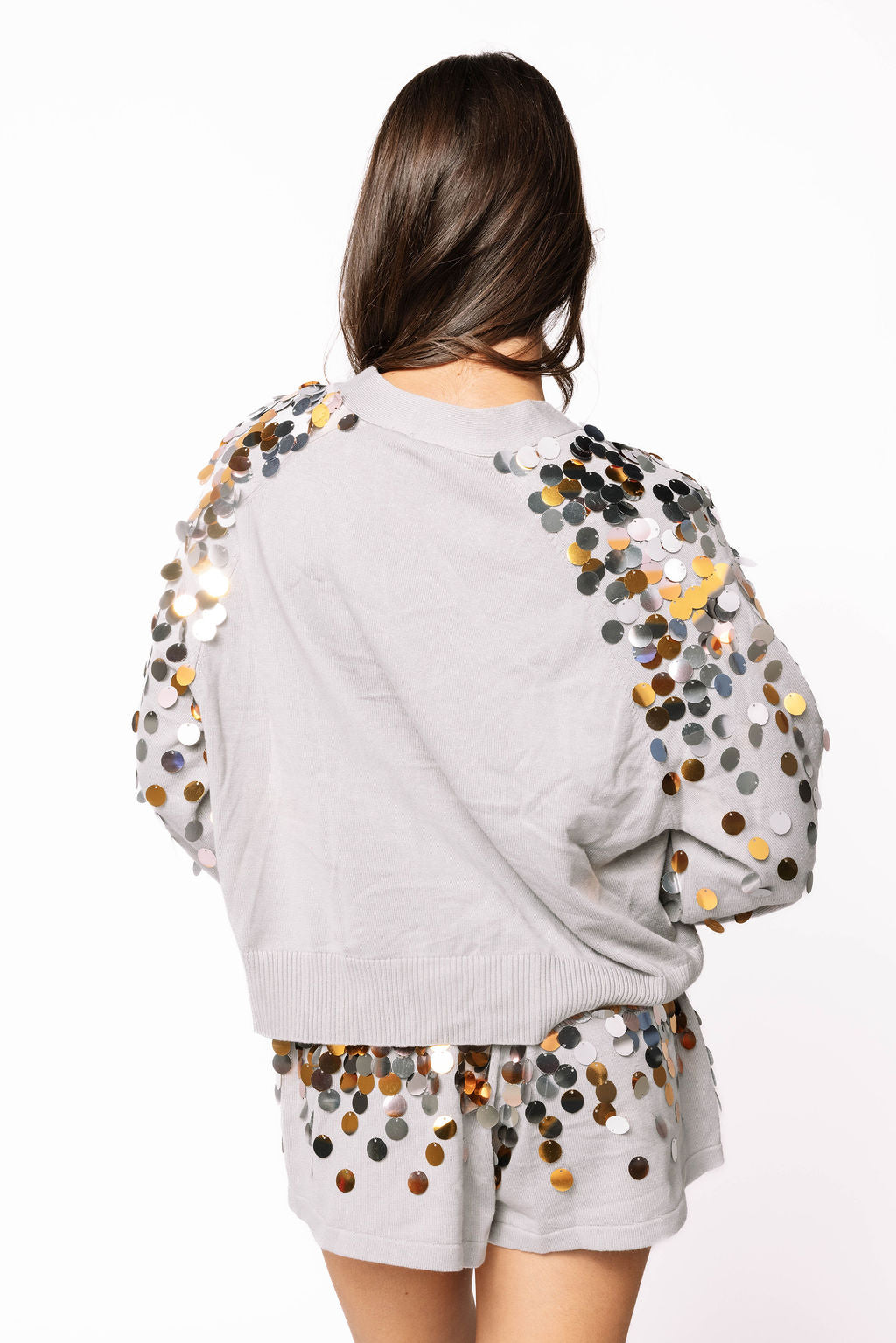 Sample Grey & Gold Paillette Cardigan/Short Set