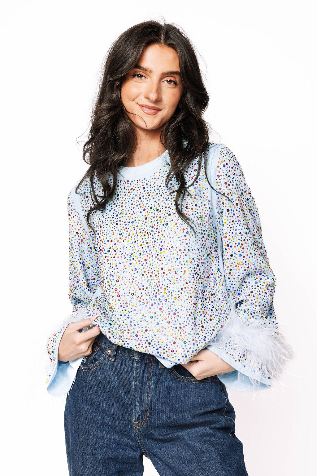 Sample Light Blue Multi Rhinestone Long Sleeve Feather Top